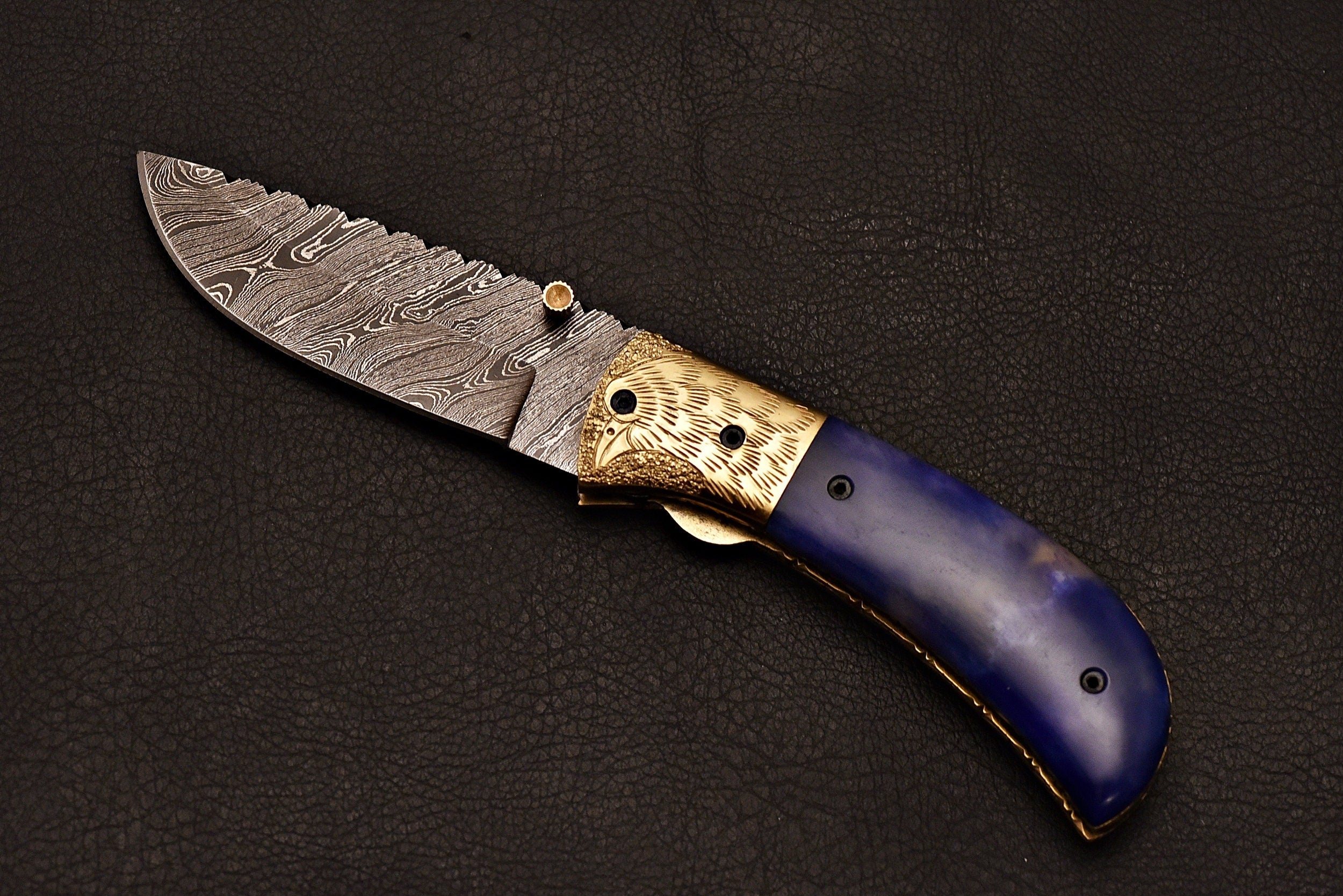 Handmade Damascus steel pocket knife with bone handle