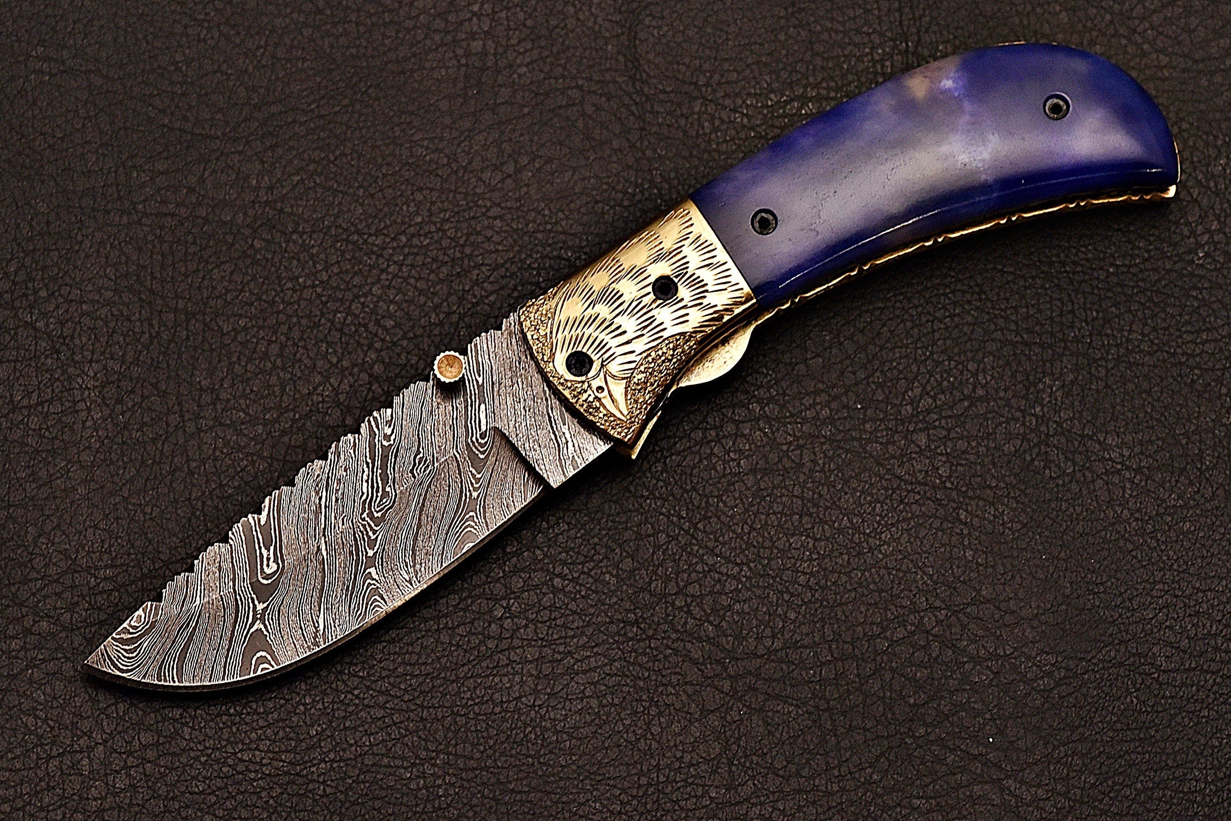 Handmade Damascus steel pocket knife with bone handle