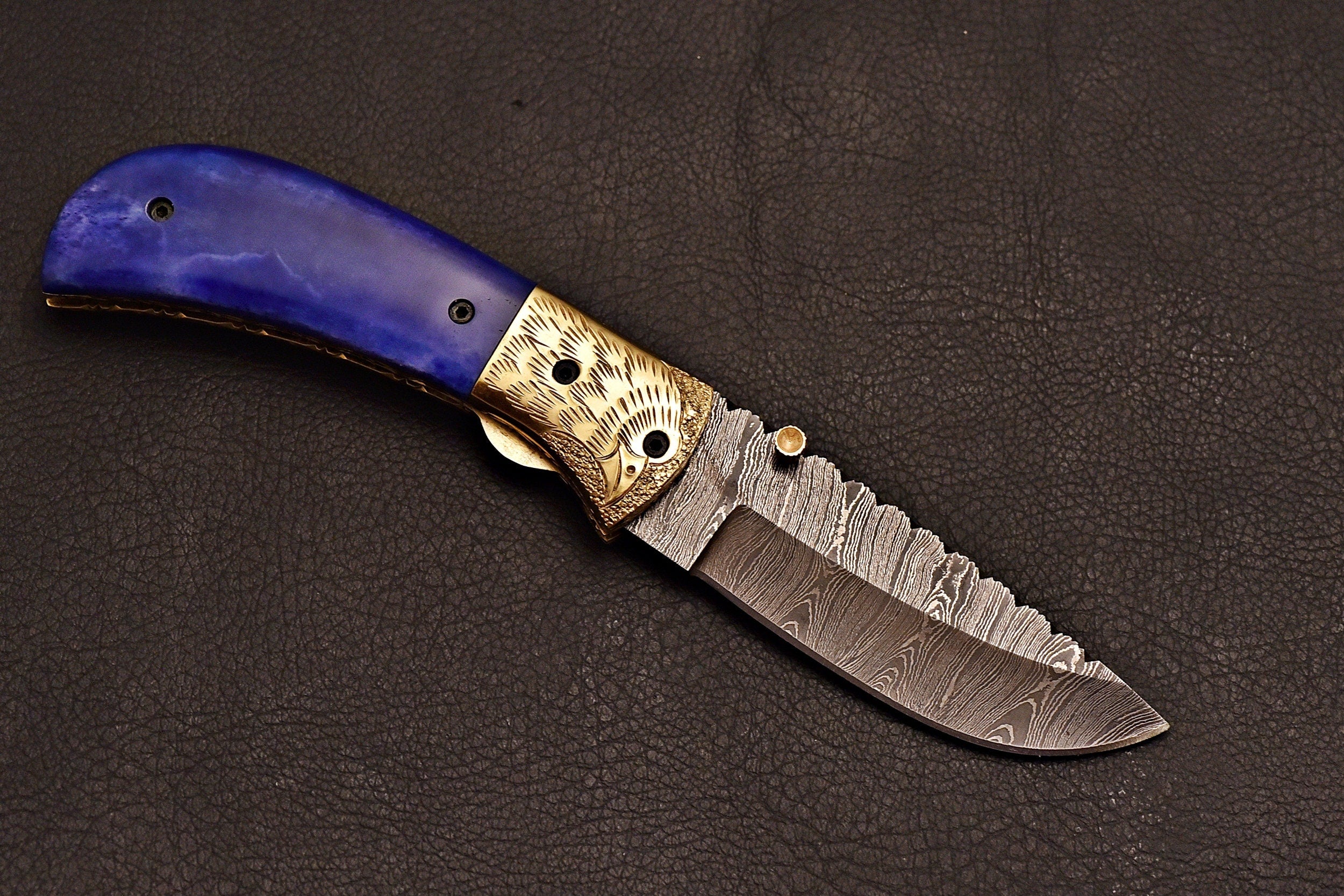 Handmade Damascus steel pocket knife with bone handle