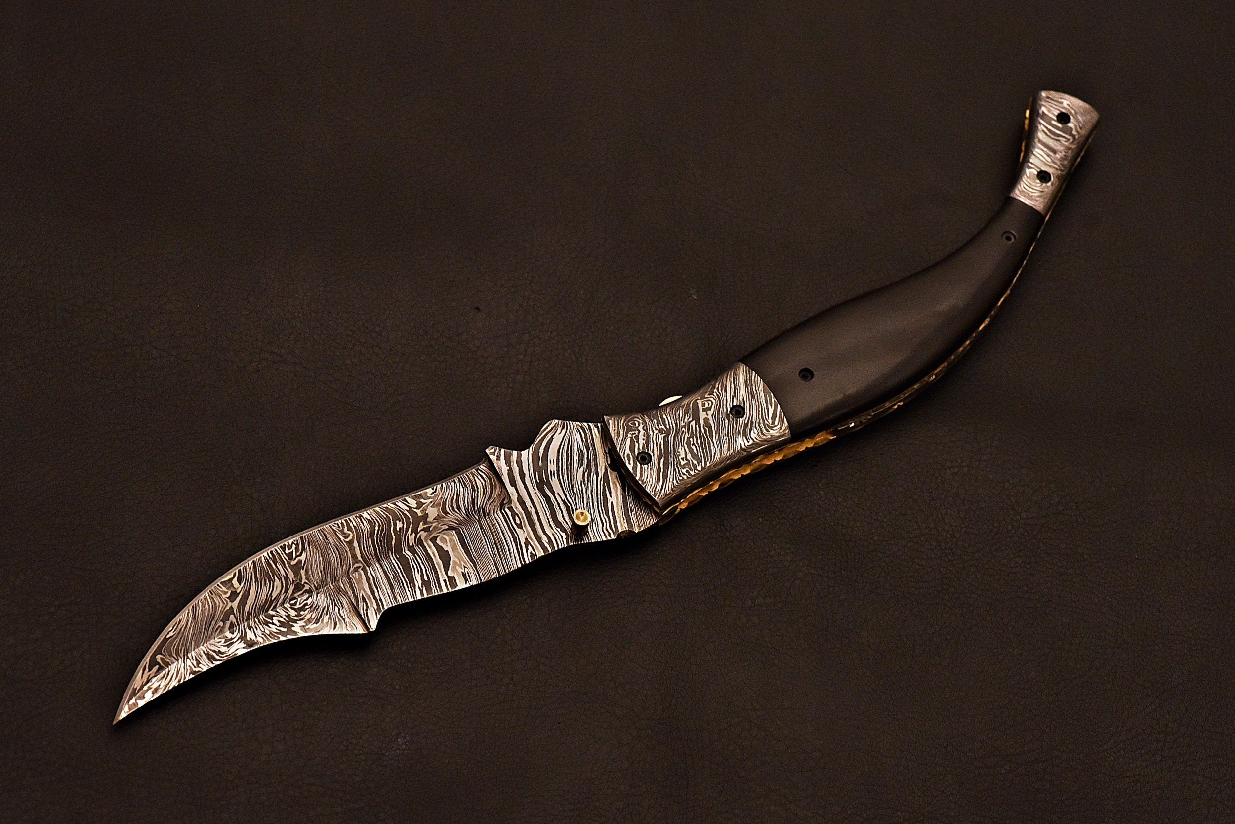 Handmade Damascus Folding Knife with leather sheath