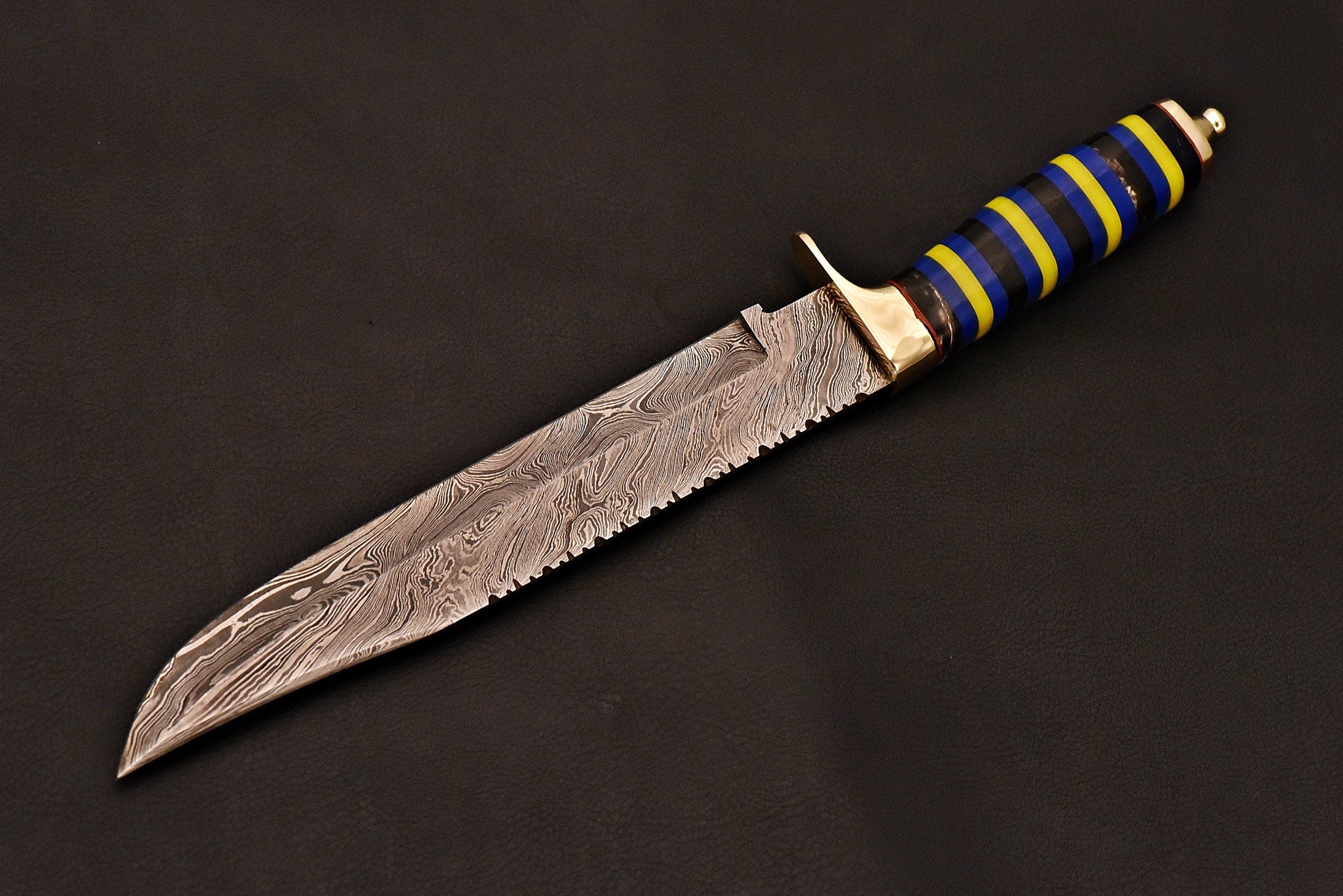 Handmade Damascus Bowie Knife With Leather Sheath