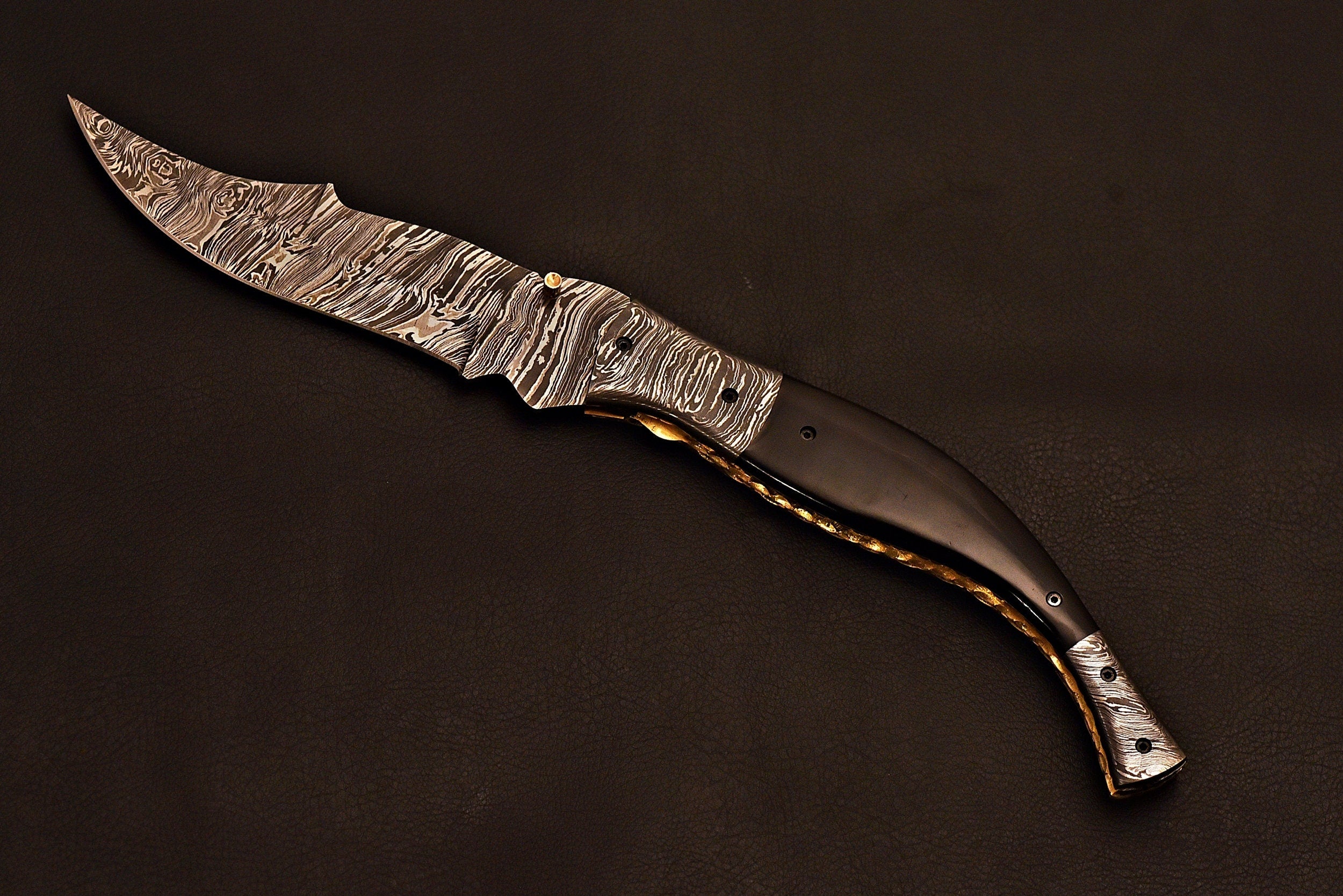 Handmade Damascus Folding Knife with leather sheath