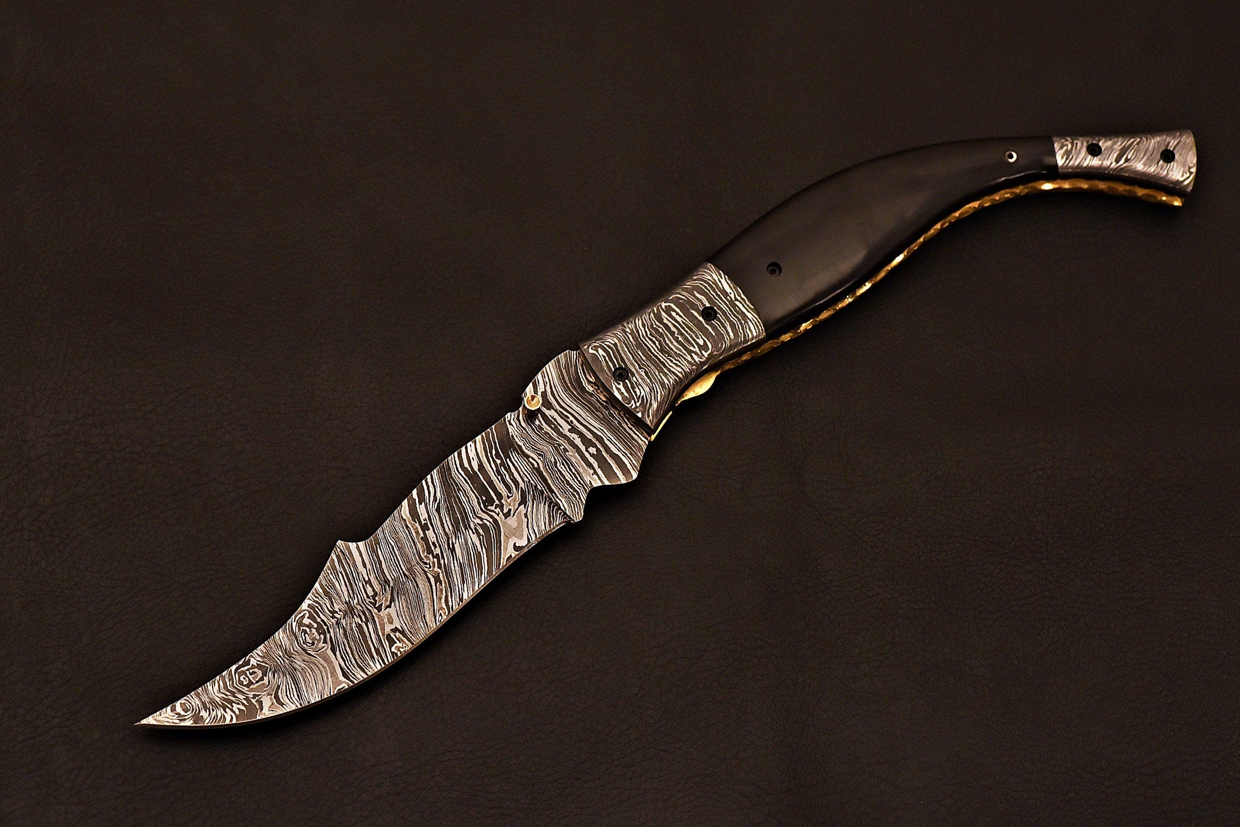 Handmade Damascus Folding Knife with leather sheath