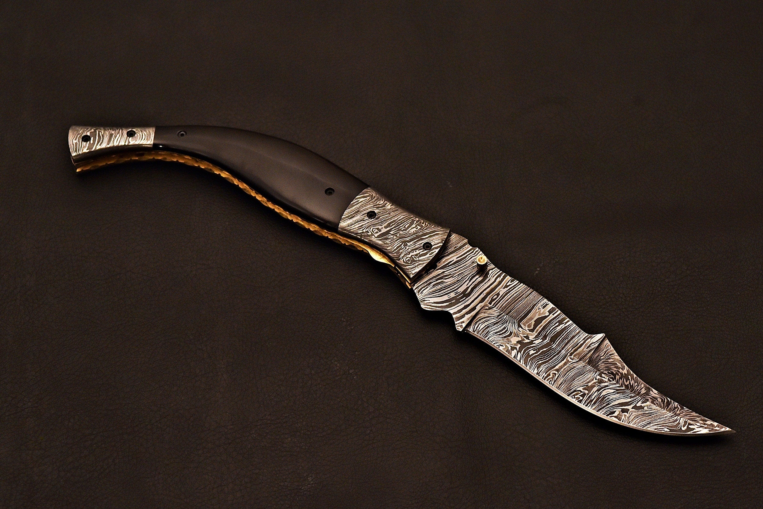 Handmade Damascus Folding Knife with leather sheath