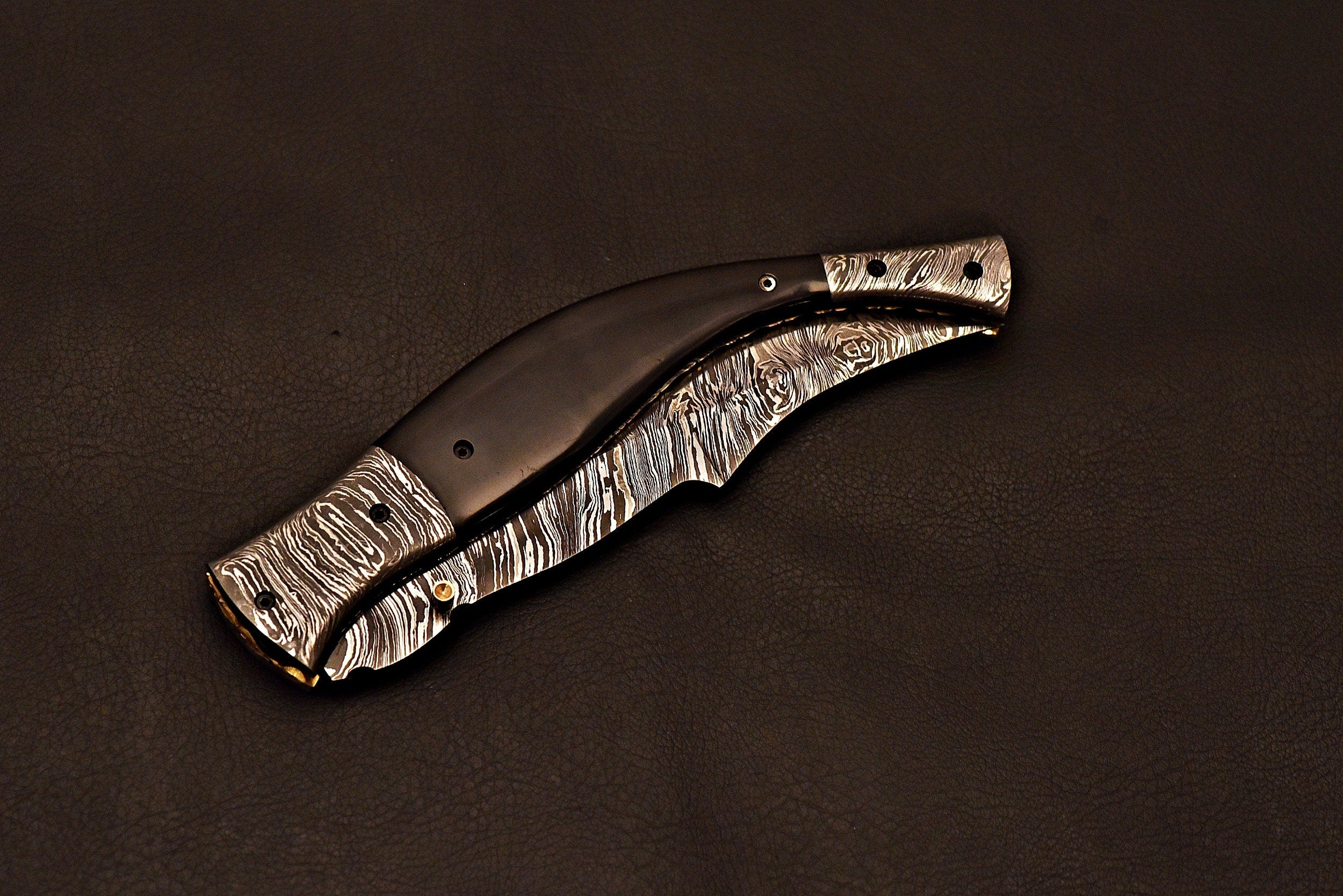 Handmade Damascus Folding Knife with leather sheath