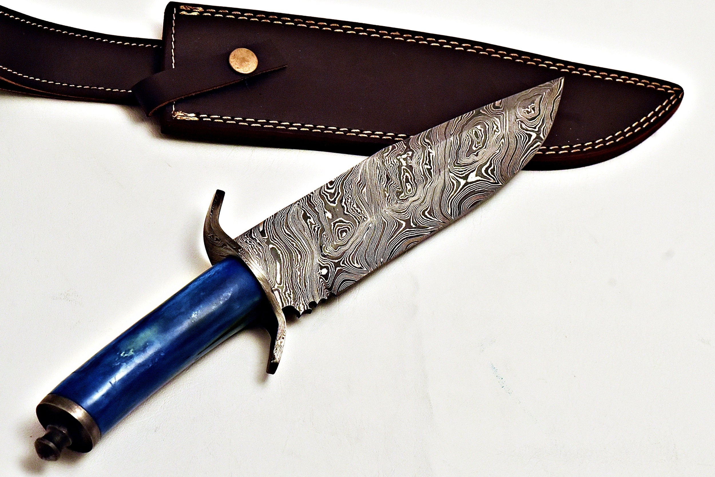 Handmade Damascus Bowie Knife with color Camel Bone handle & leather sheath