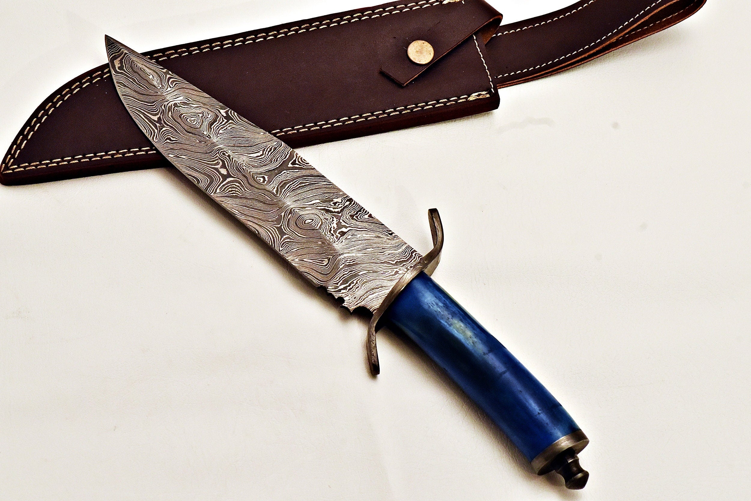 Handmade Damascus Bowie Knife with color Camel Bone handle & leather sheath