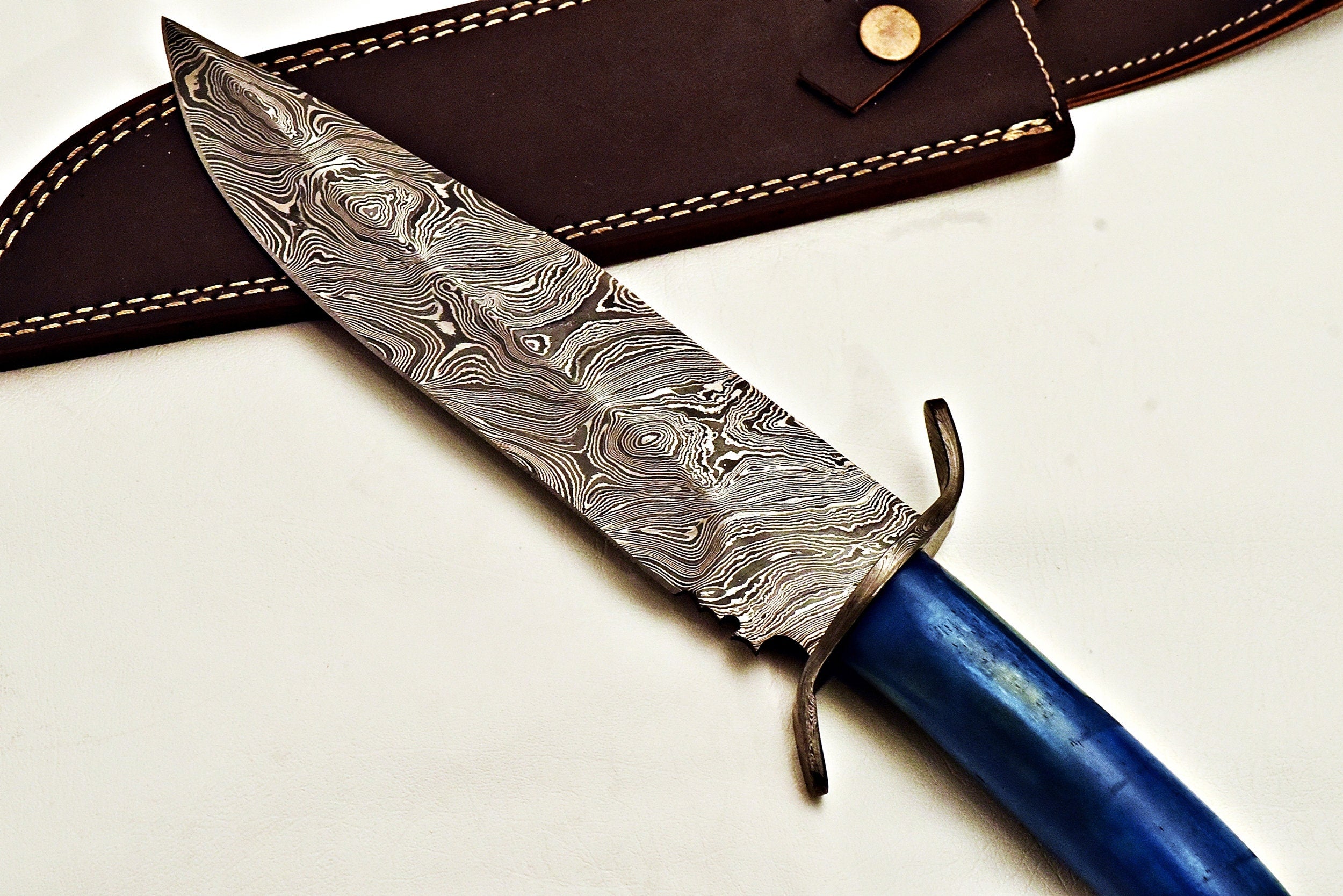 Handmade Damascus Bowie Knife with color Camel Bone handle & leather sheath