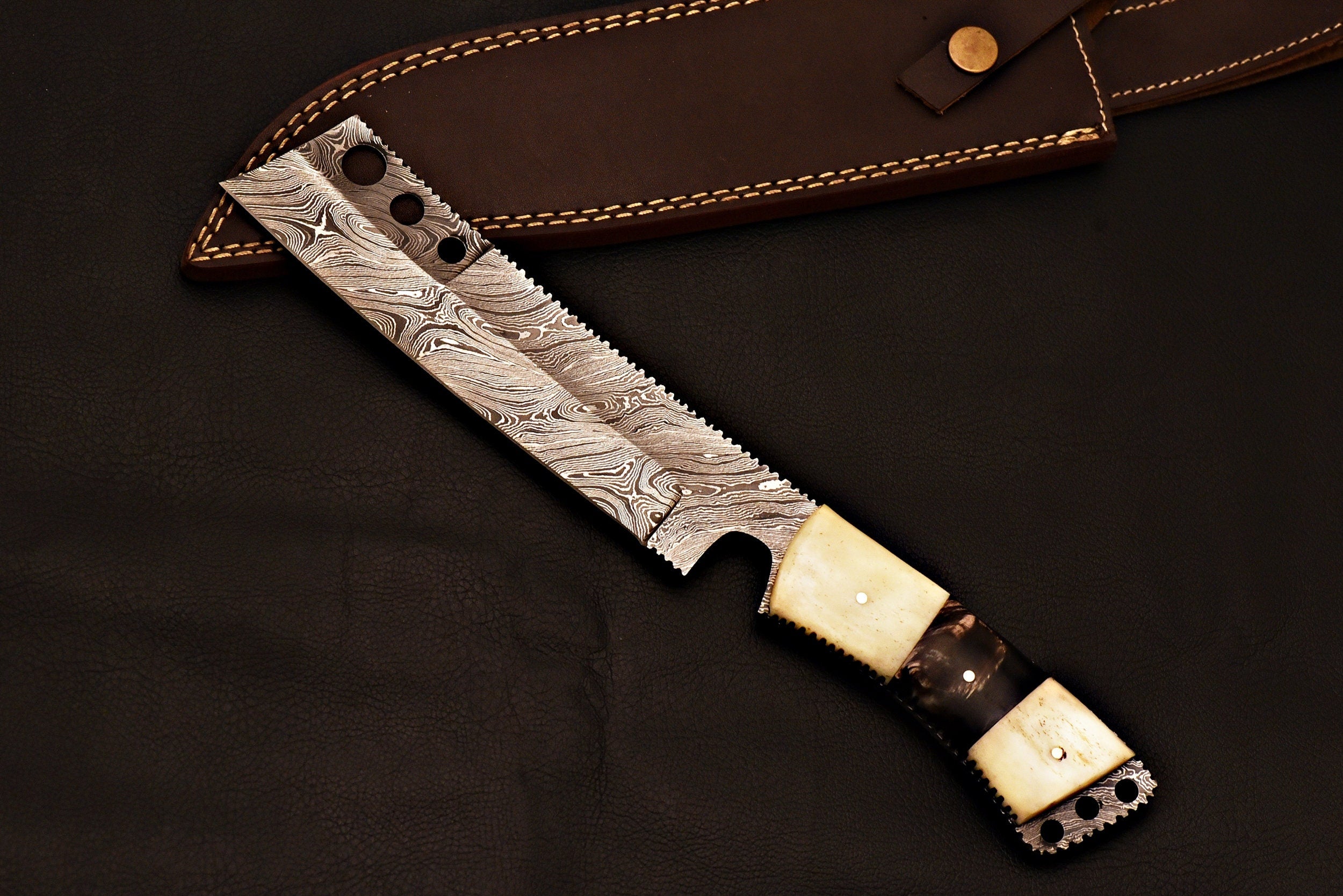 Handmade Damascus Knife with Leather Sheath
