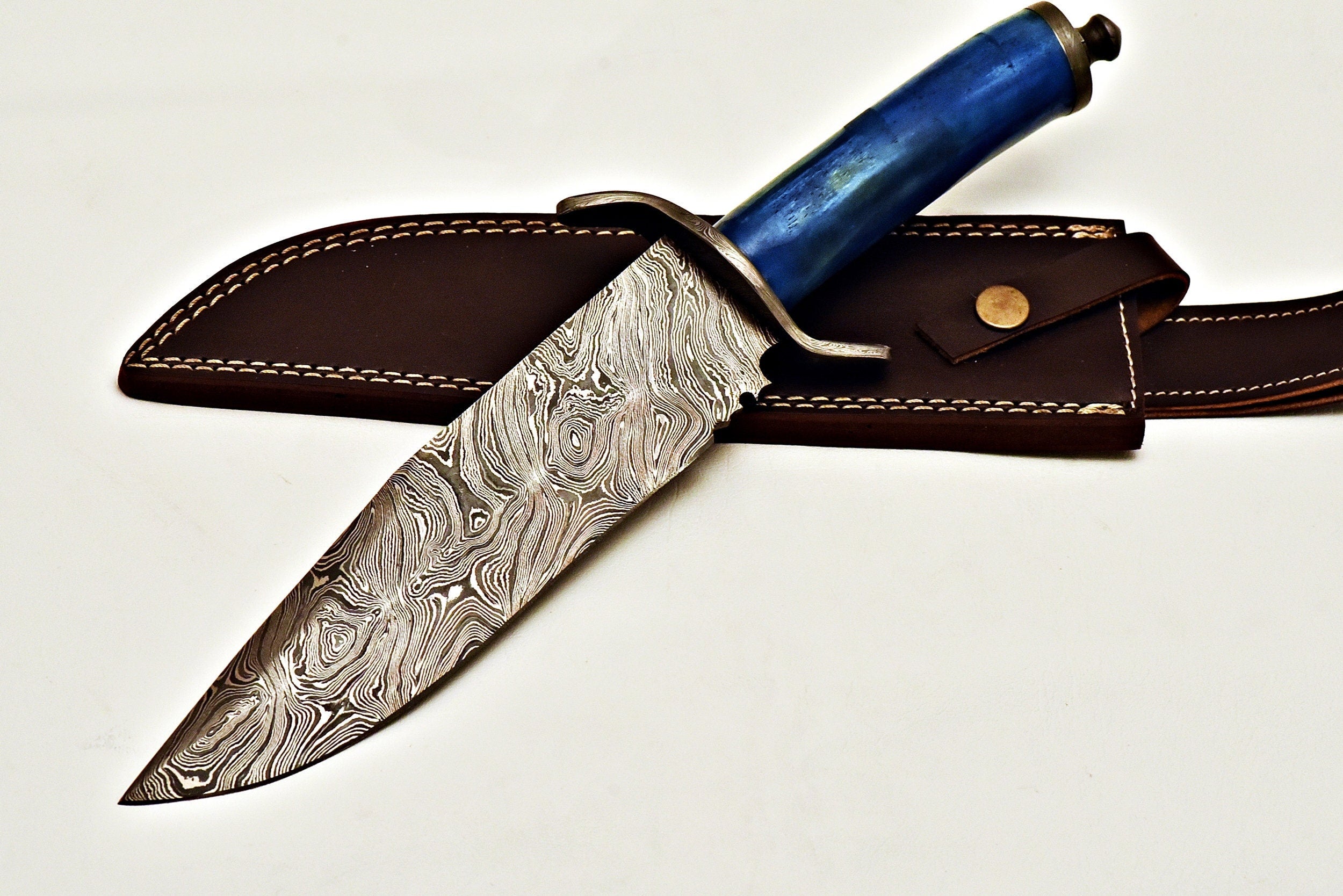 Handmade Damascus Bowie Knife with color Camel Bone handle & leather sheath