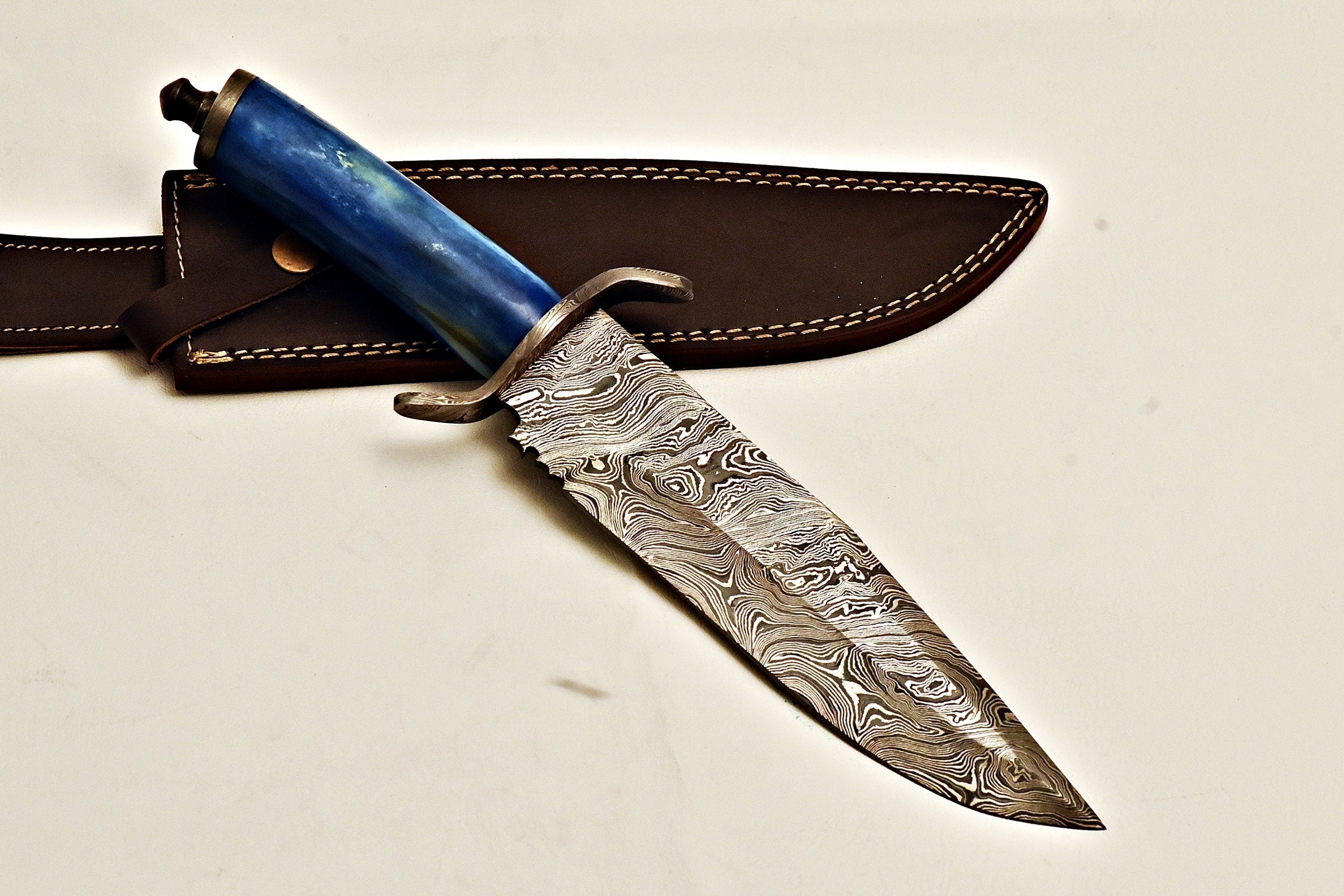 Handmade Damascus Bowie Knife with color Camel Bone handle & leather sheath