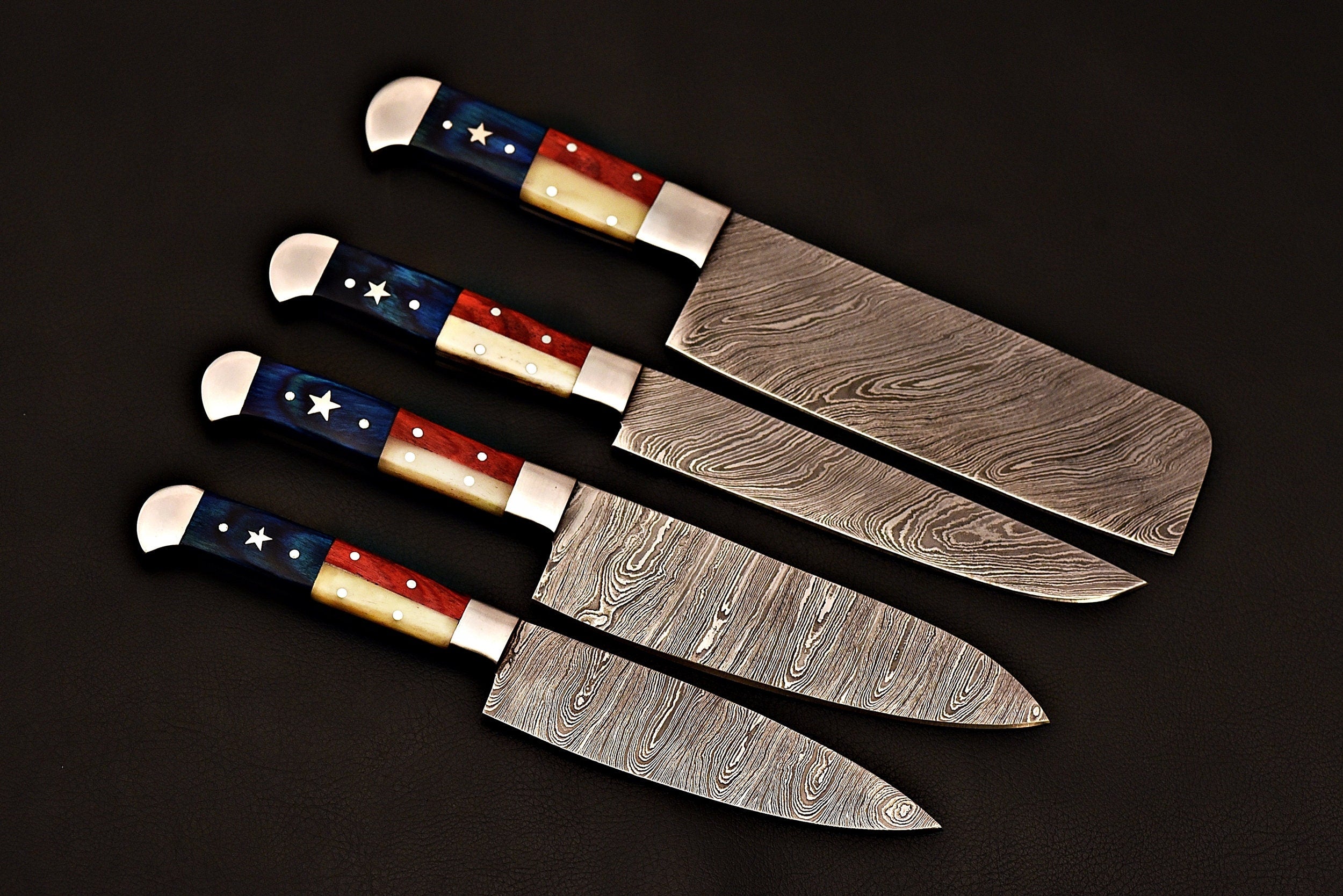 Handmade Damascus Steel Jehan Chef knife set with Texas handle/Kitchen knife leather Rolling/Everyday Carry Gift/Ki