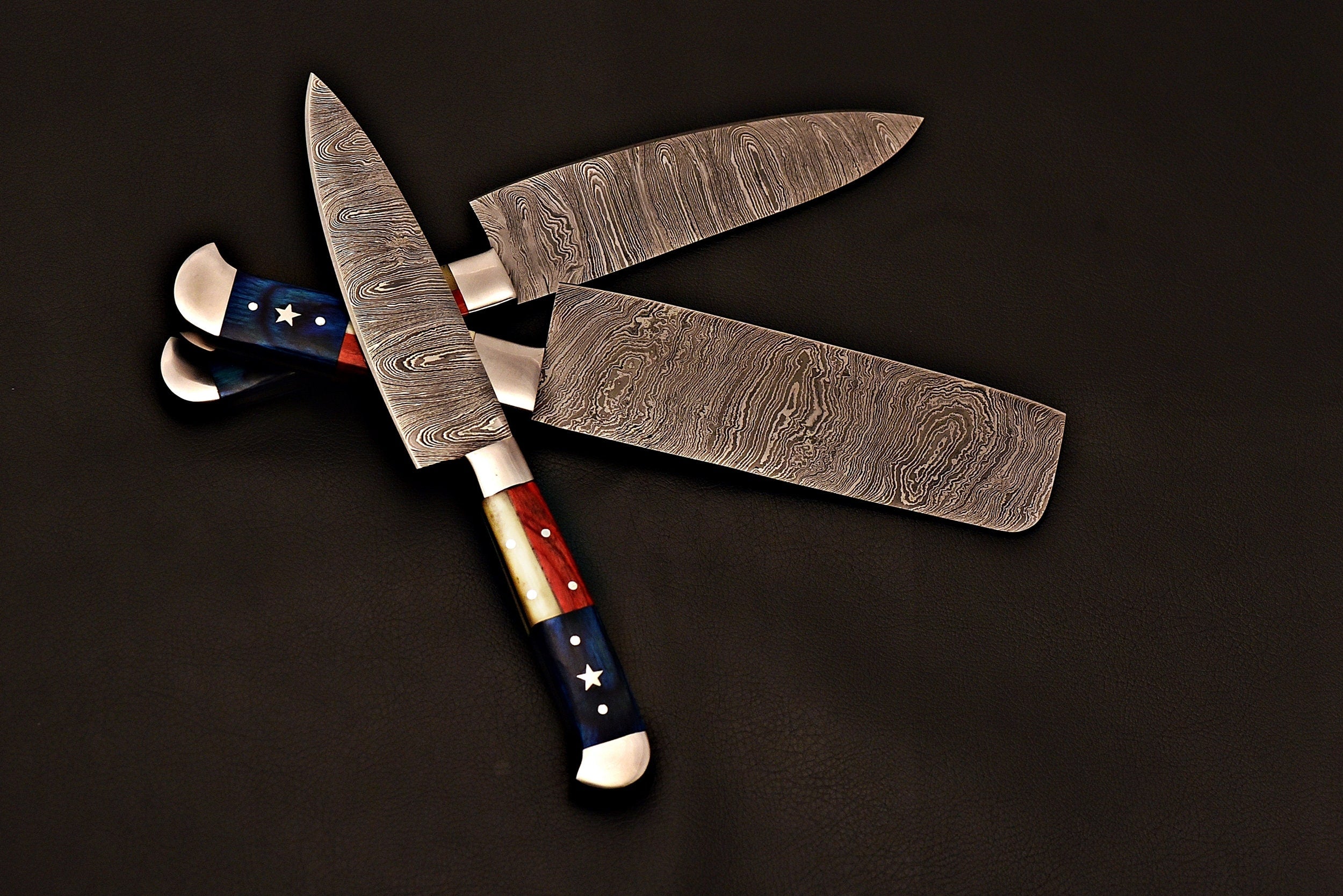 Handmade Damascus Steel Jehan Chef knife set with Texas handle/Kitchen knife leather Rolling/Everyday Carry Gift/Ki