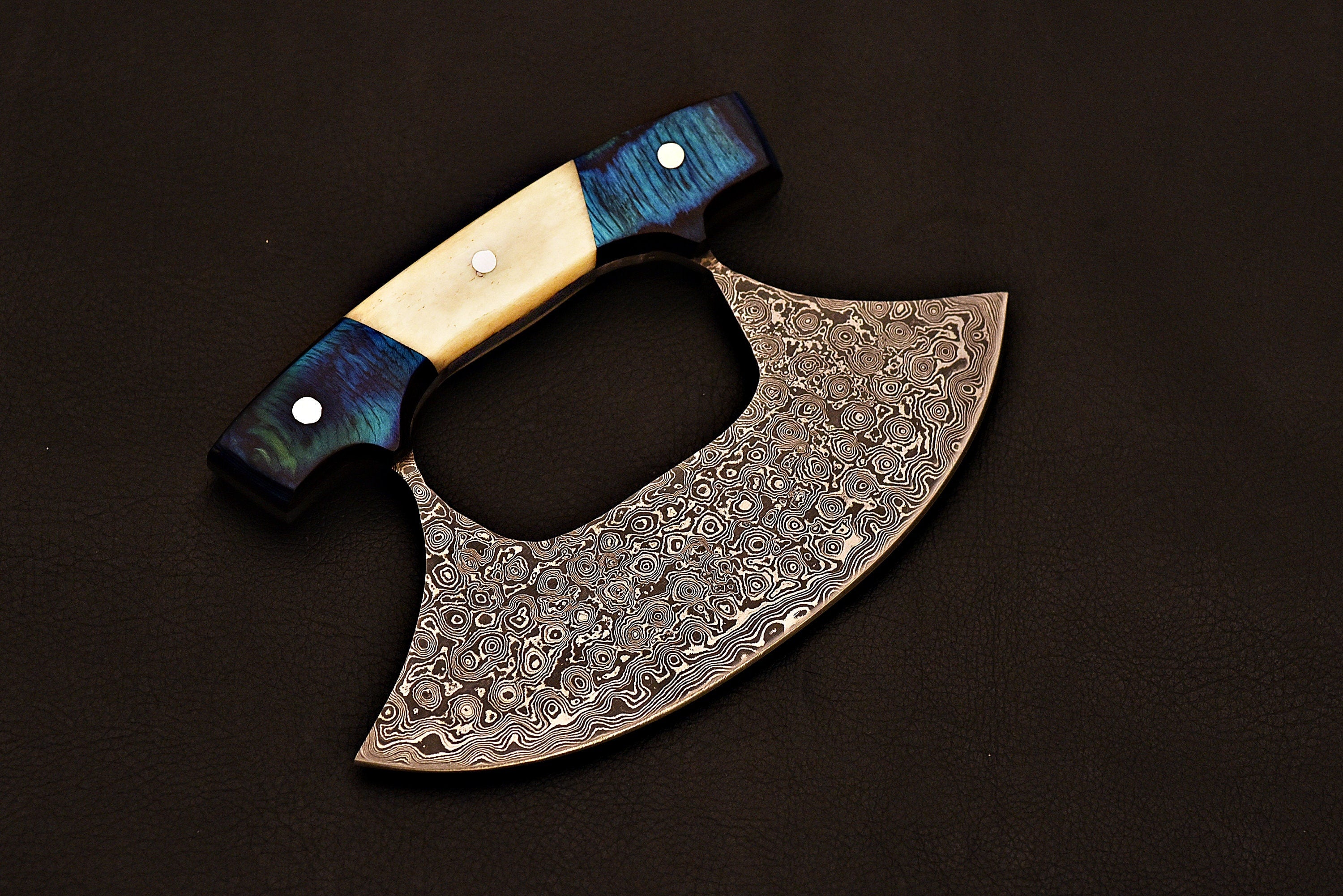 Handmade Damascus steel Jehan Ulu Knife with Bone and Blue wood Handle