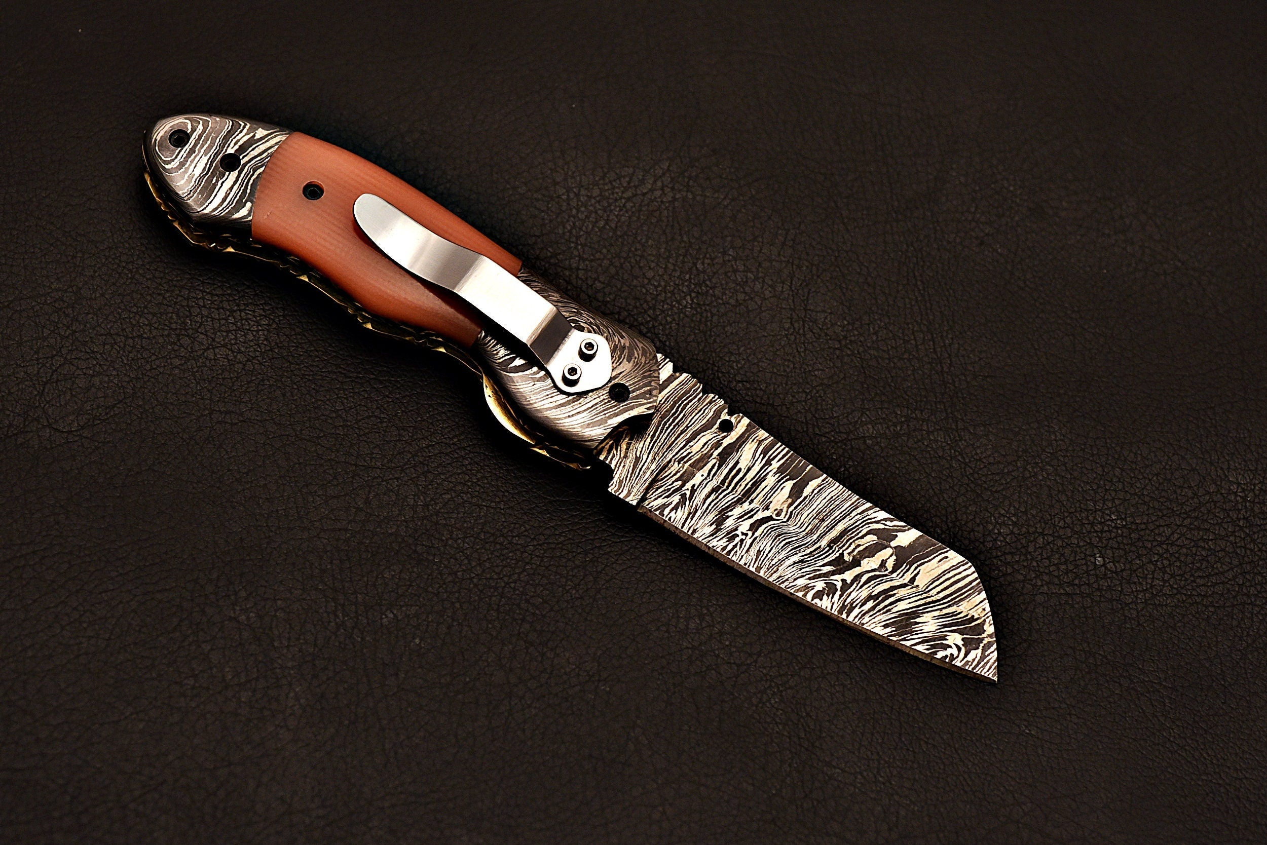 Handmade Damascus Steel Pocket Knife with G - 10 Handle Scale Orange
