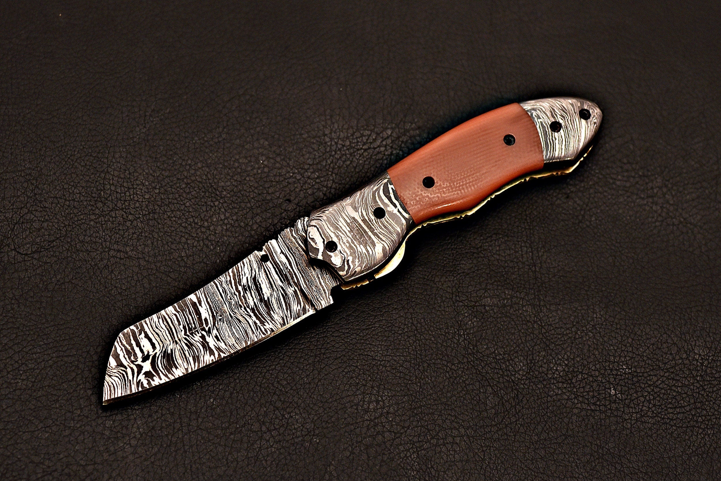 Handmade Damascus Steel Pocket Knife with G - 10 Handle Scale Orange