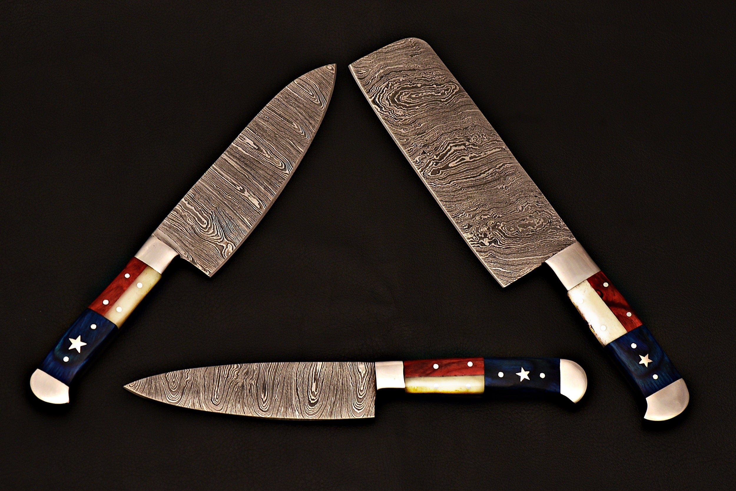 Handmade Damascus Steel Jehan Chef knife set with Texas handle/Kitchen knife leather Rolling/Everyday Carry Gift/Ki