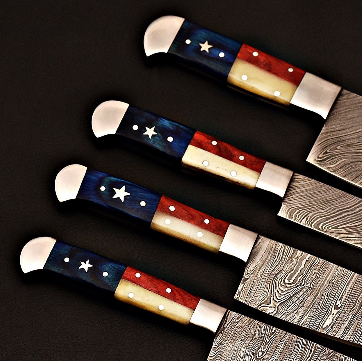Handmade Damascus Steel Jehan Chef knife set with Texas handle/Kitchen knife leather Rolling/Everyday Carry Gift/Ki