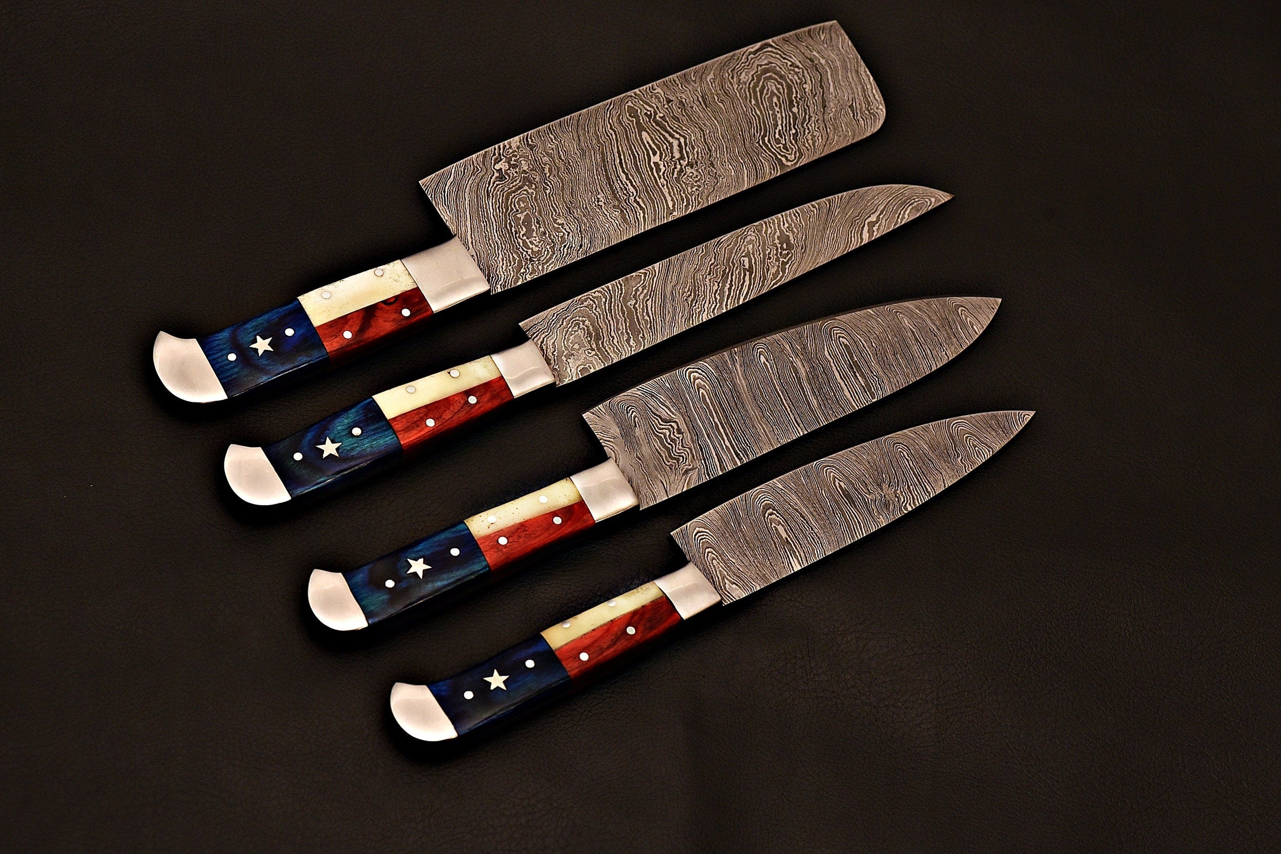 Handmade Damascus Steel Jehan Chef knife set with Texas handle/Kitchen knife leather Rolling/Everyday Carry Gift/Ki