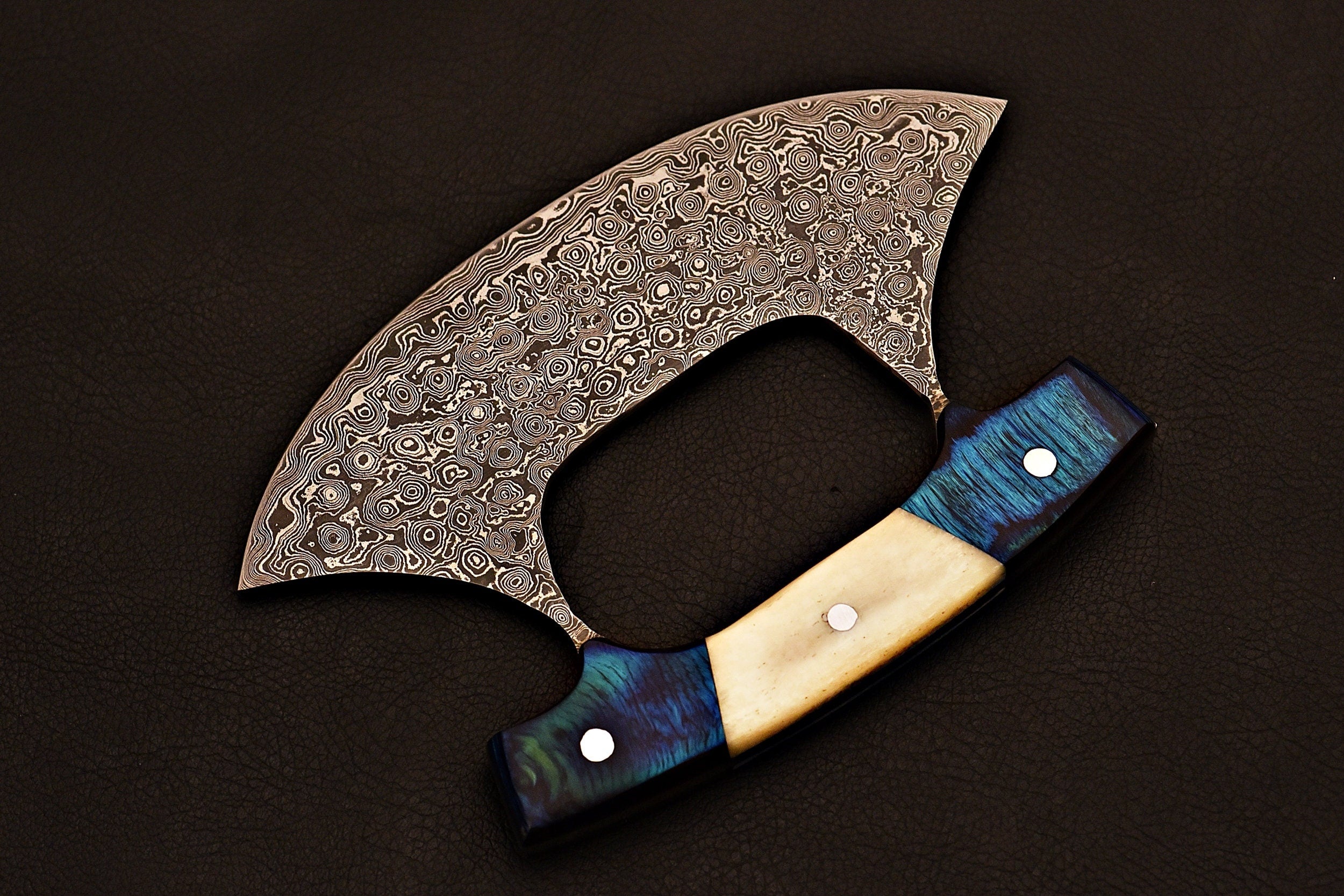 Handmade Damascus steel Jehan Ulu Knife with Bone and Blue wood Handle