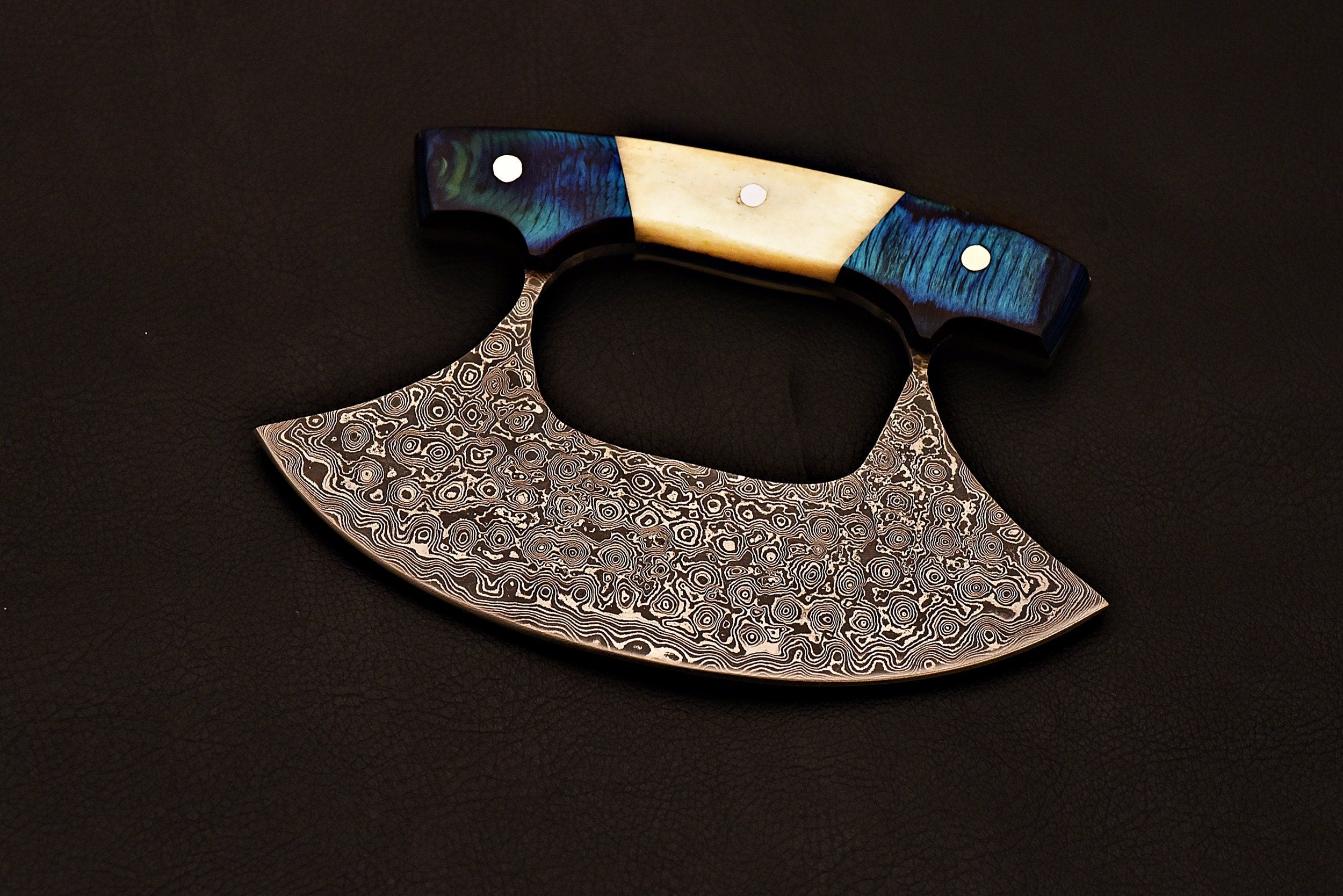Handmade Damascus steel Jehan Ulu Knife with Bone and Blue wood Handle