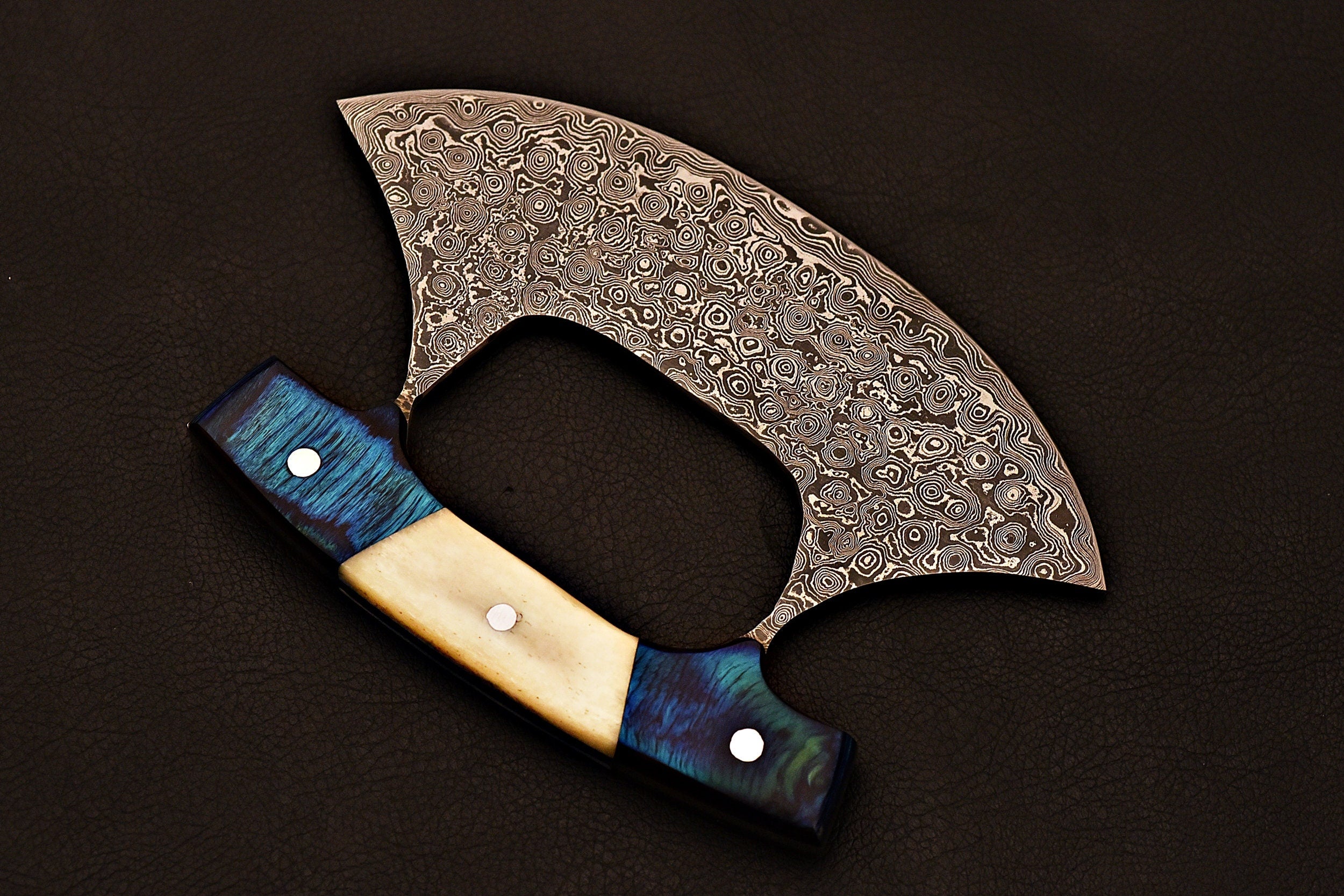 Handmade Damascus steel Jehan Ulu Knife with Bone and Blue wood Handle