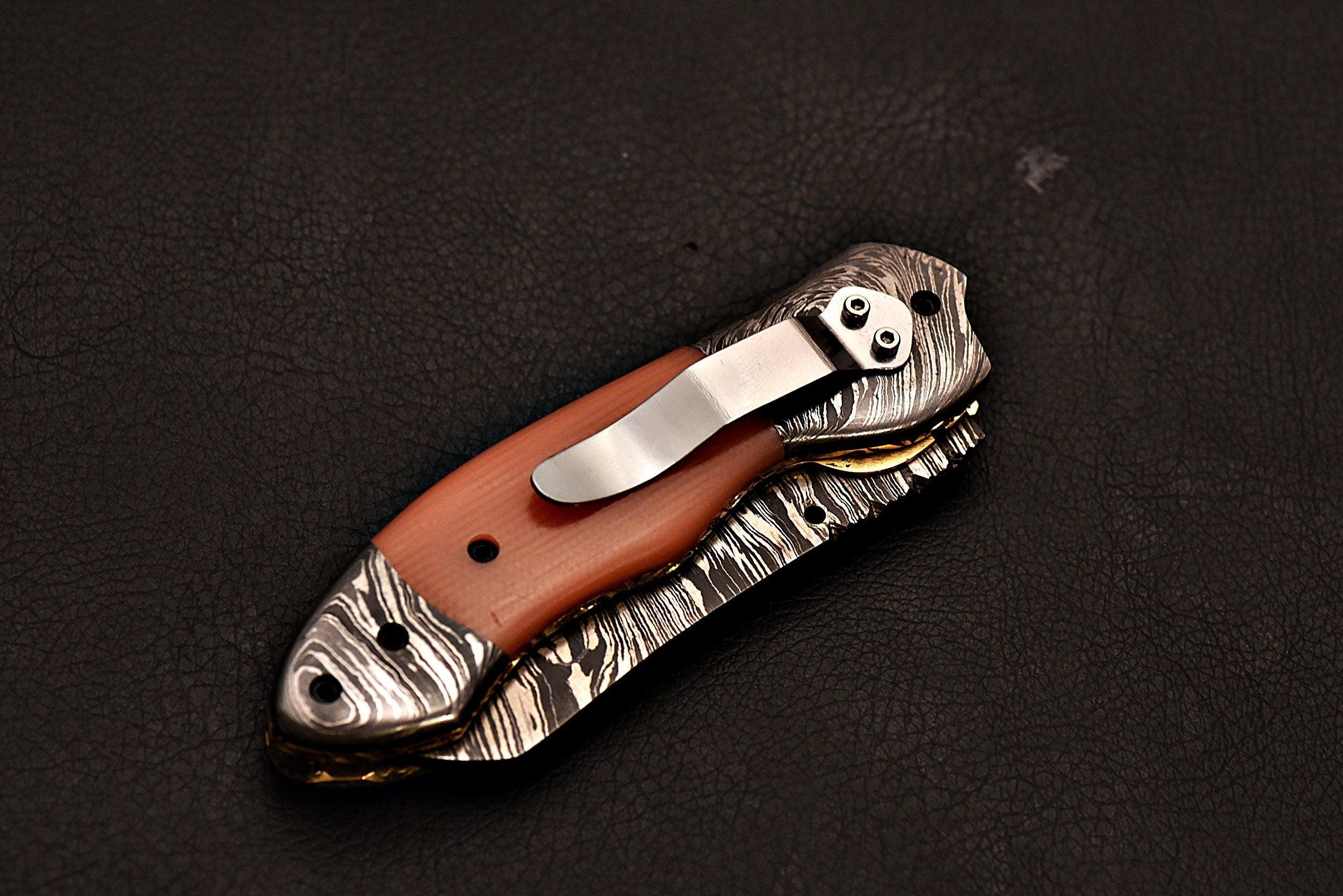 Handmade Damascus Steel Pocket Knife with G - 10 Handle Scale Orange