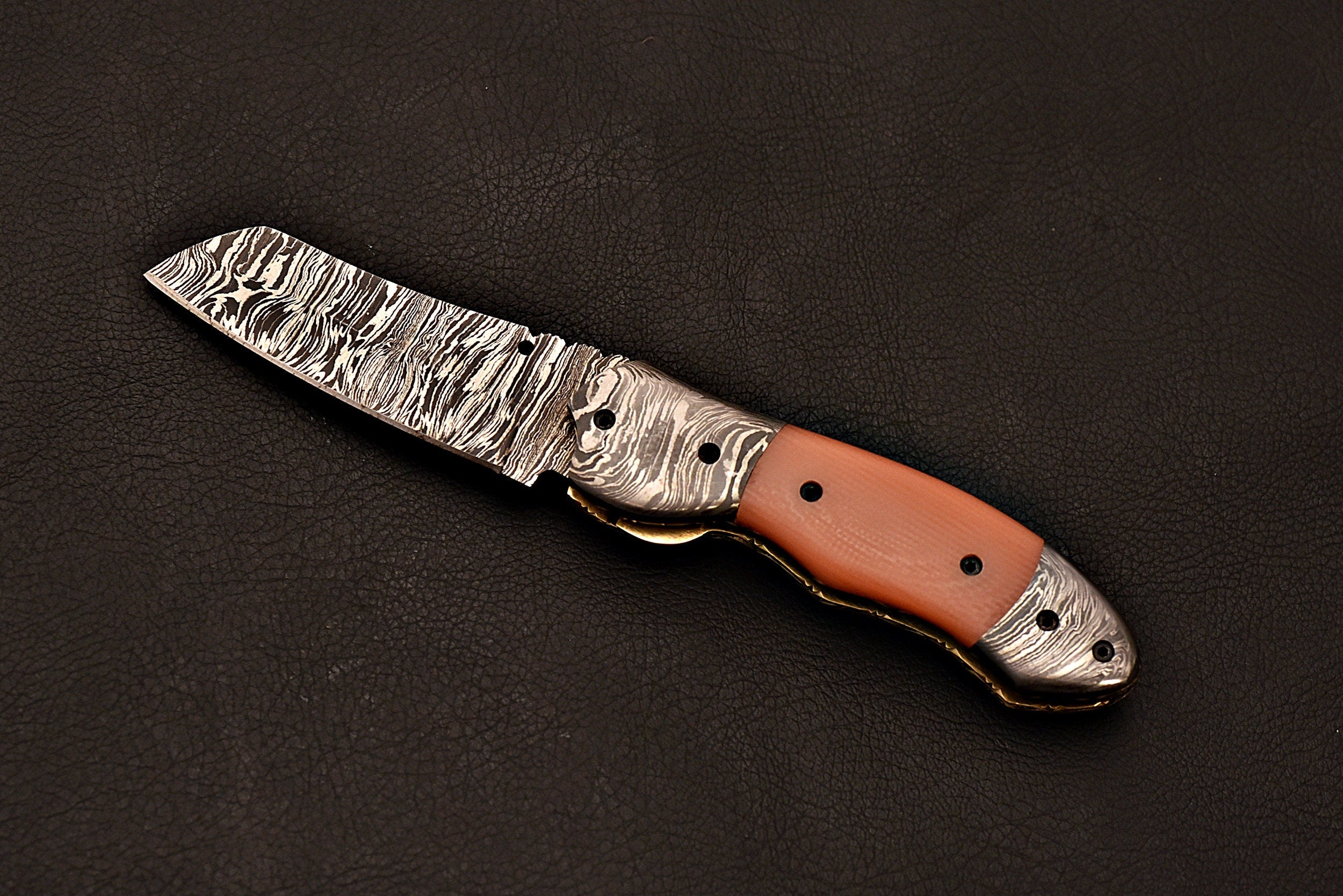 Handmade Damascus Steel Pocket Knife with G - 10 Handle Scale Orange