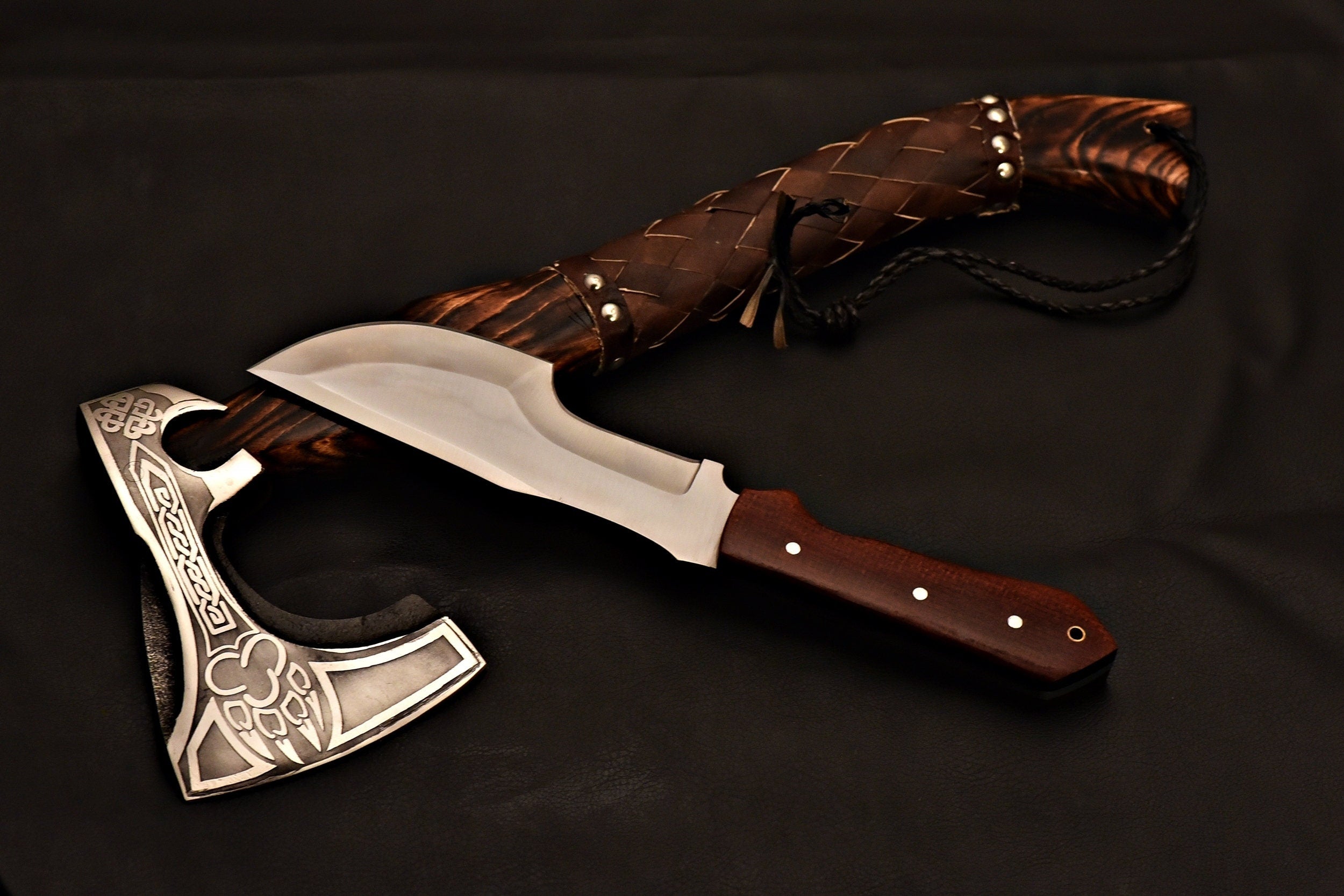 Xmas Special Gift Handmade Axe and Tracker Knife / Tomahawk / Hatchet / Knife / Axe with Ash Wood with Torch
