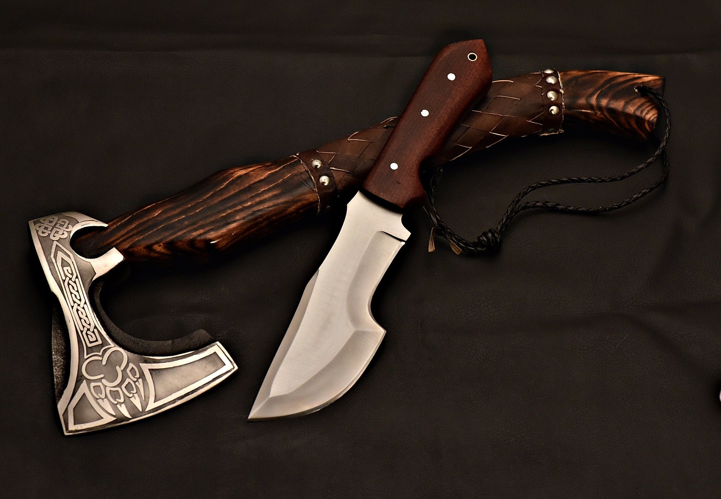 Xmas Special Gift Handmade Axe and Tracker Knife / Tomahawk / Hatchet / Knife / Axe with Ash Wood with Torch