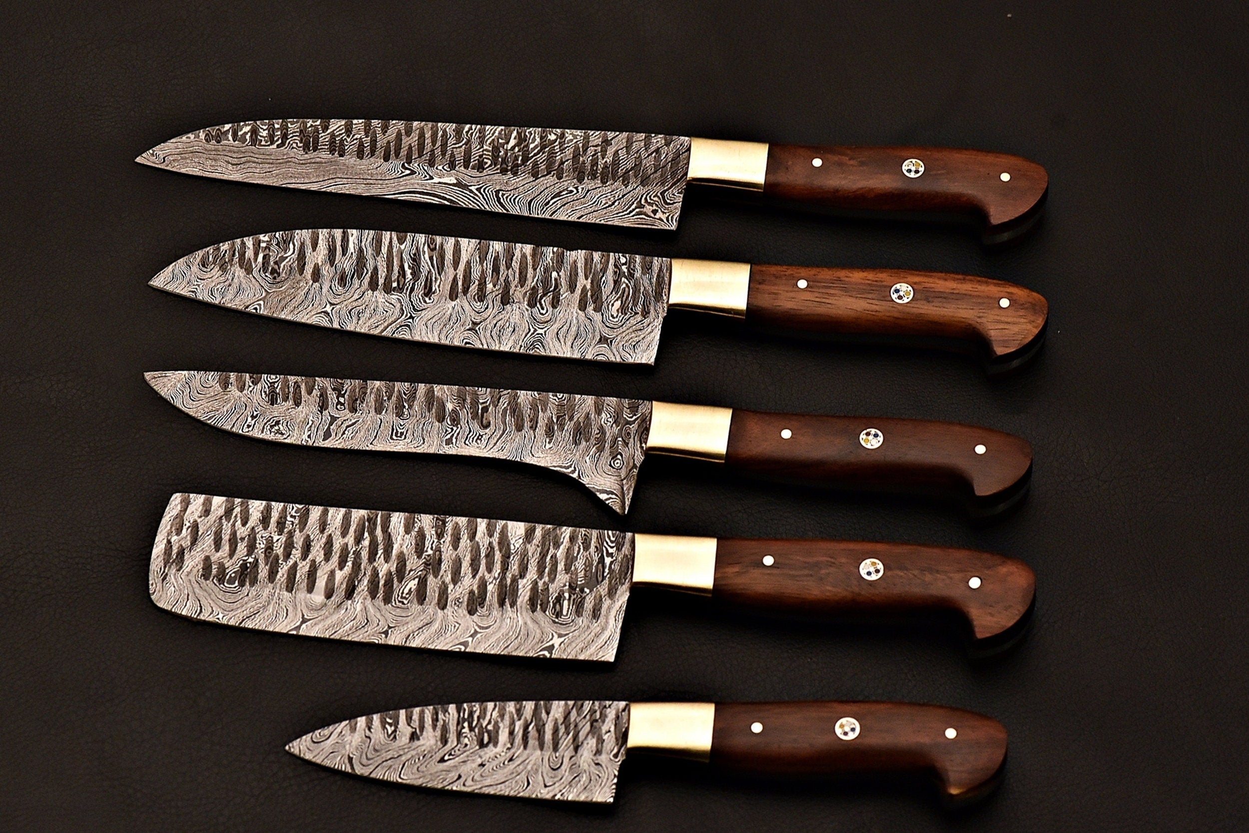 Handmade Damascus Steel Chef Knife Set 5 pcs WithTexas Handle/Kitchen Knife Leather Roller/Everyday Carry Gift/Kitchen And Dining Cutlery