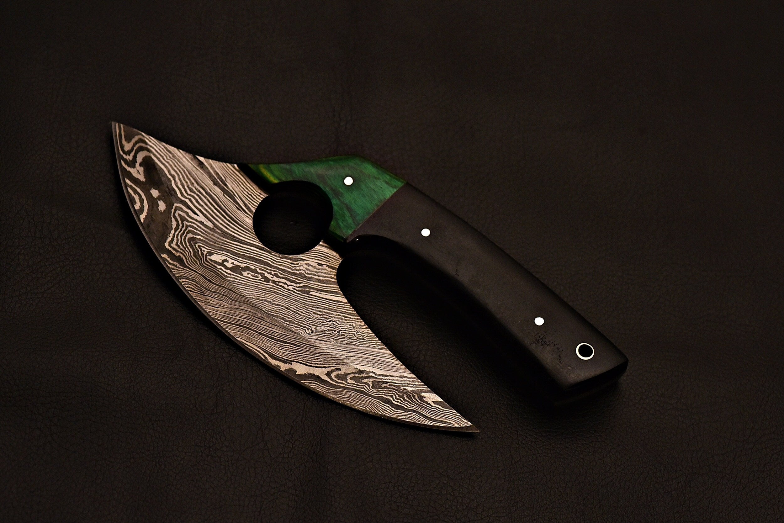 Handmade Damascus Steel Ulu  Knife With Green Wood & Black Micarat Handle