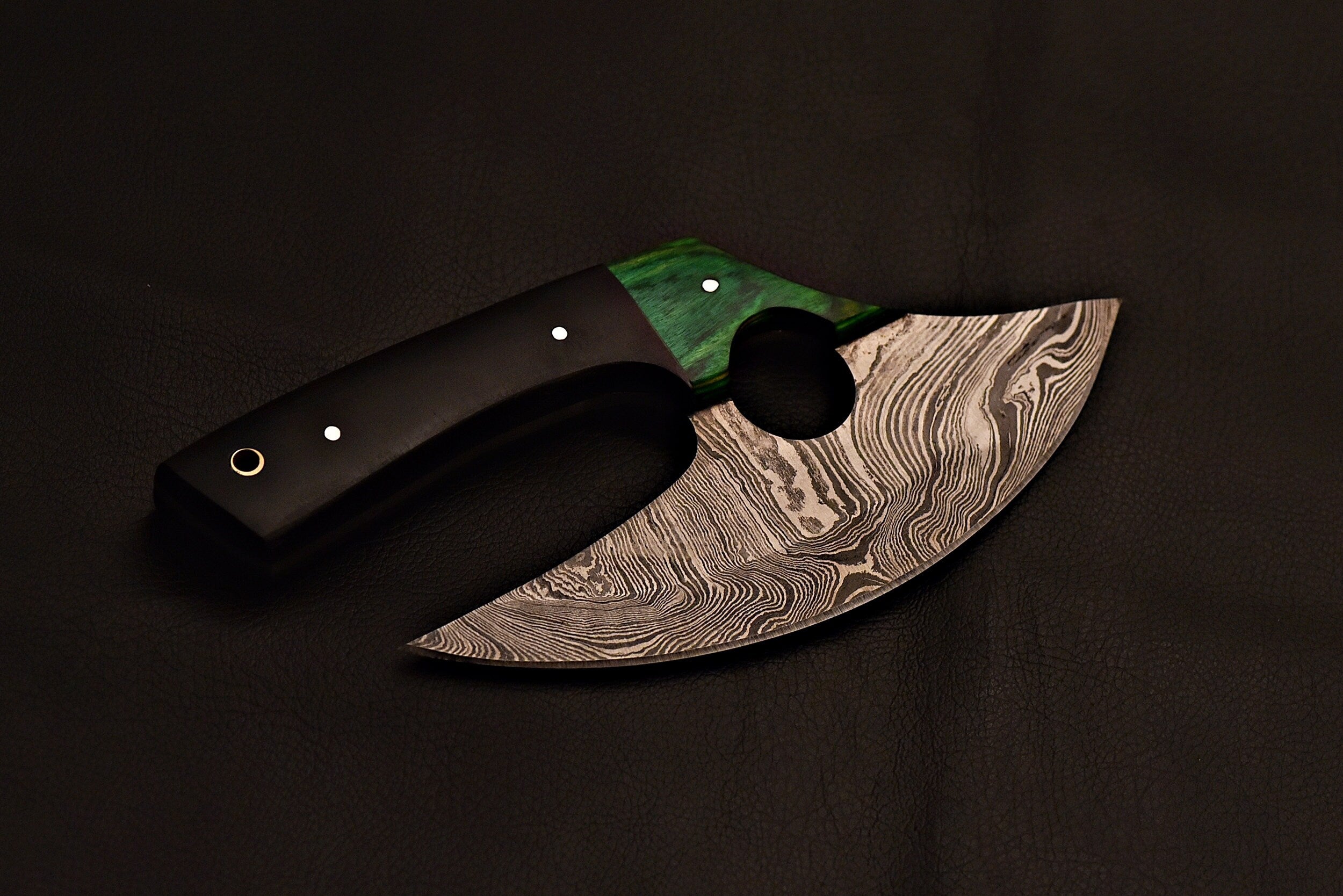 Handmade Damascus Steel Ulu  Knife With Green Wood & Black Micarat Handle
