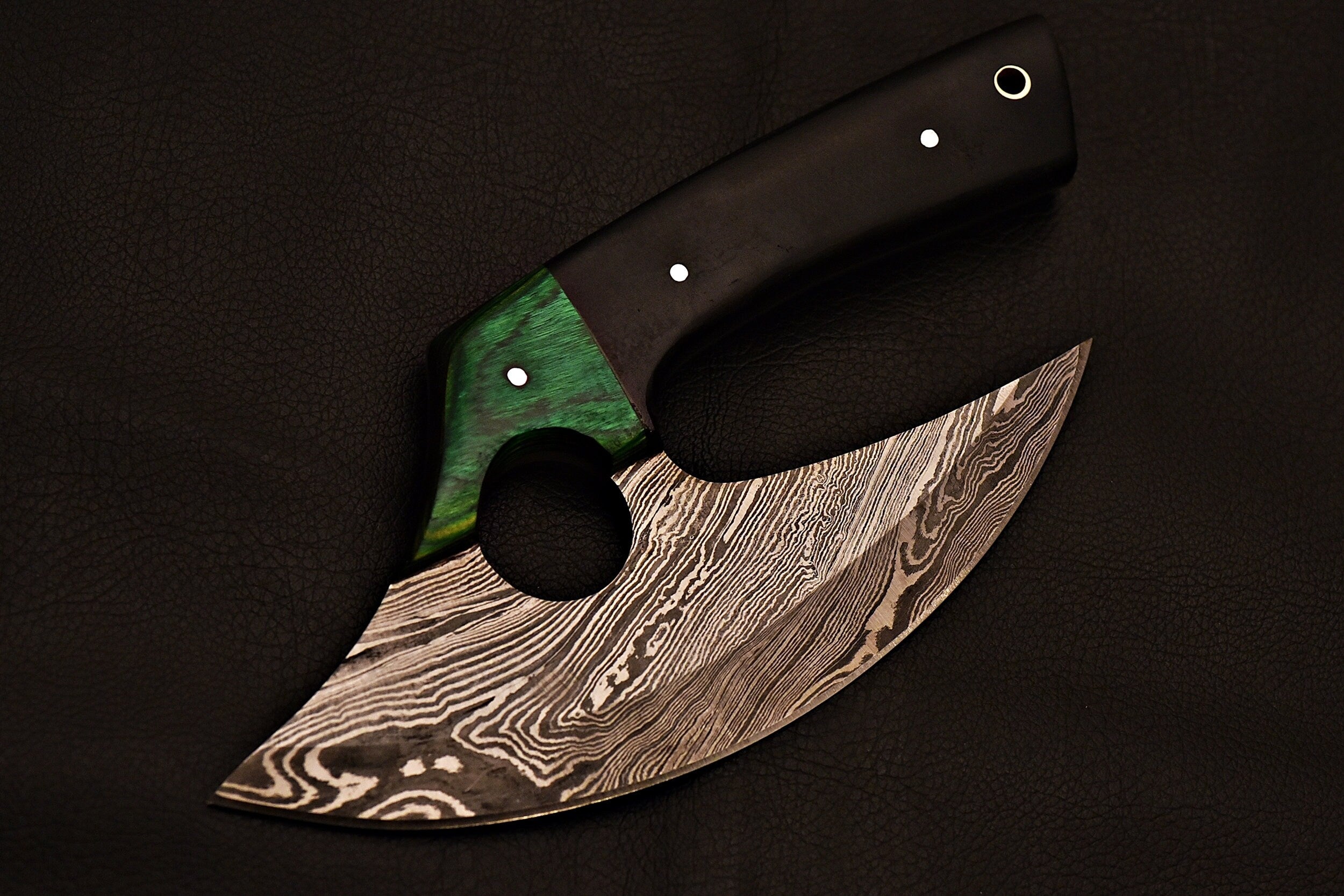 Handmade Damascus Steel Ulu  Knife With Green Wood & Black Micarat Handle