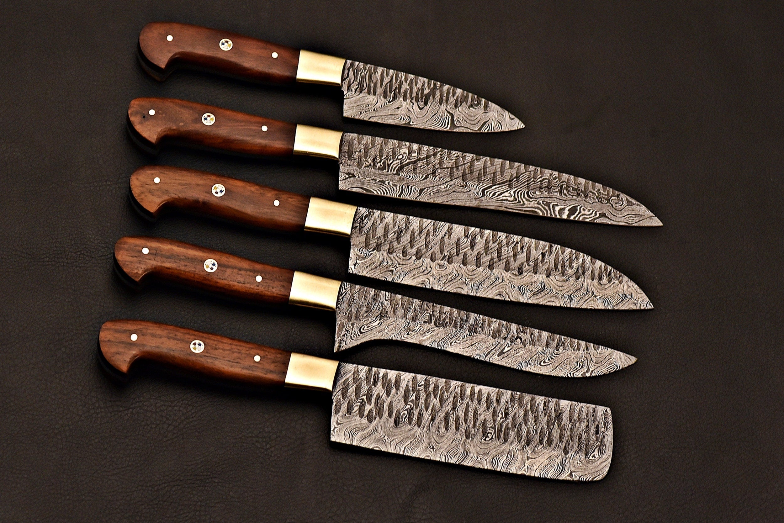 Handmade Damascus Steel Chef Knife Set 5 pcs WithTexas Handle/Kitchen Knife Leather Roller/Everyday Carry Gift/Kitchen And Dining Cutlery