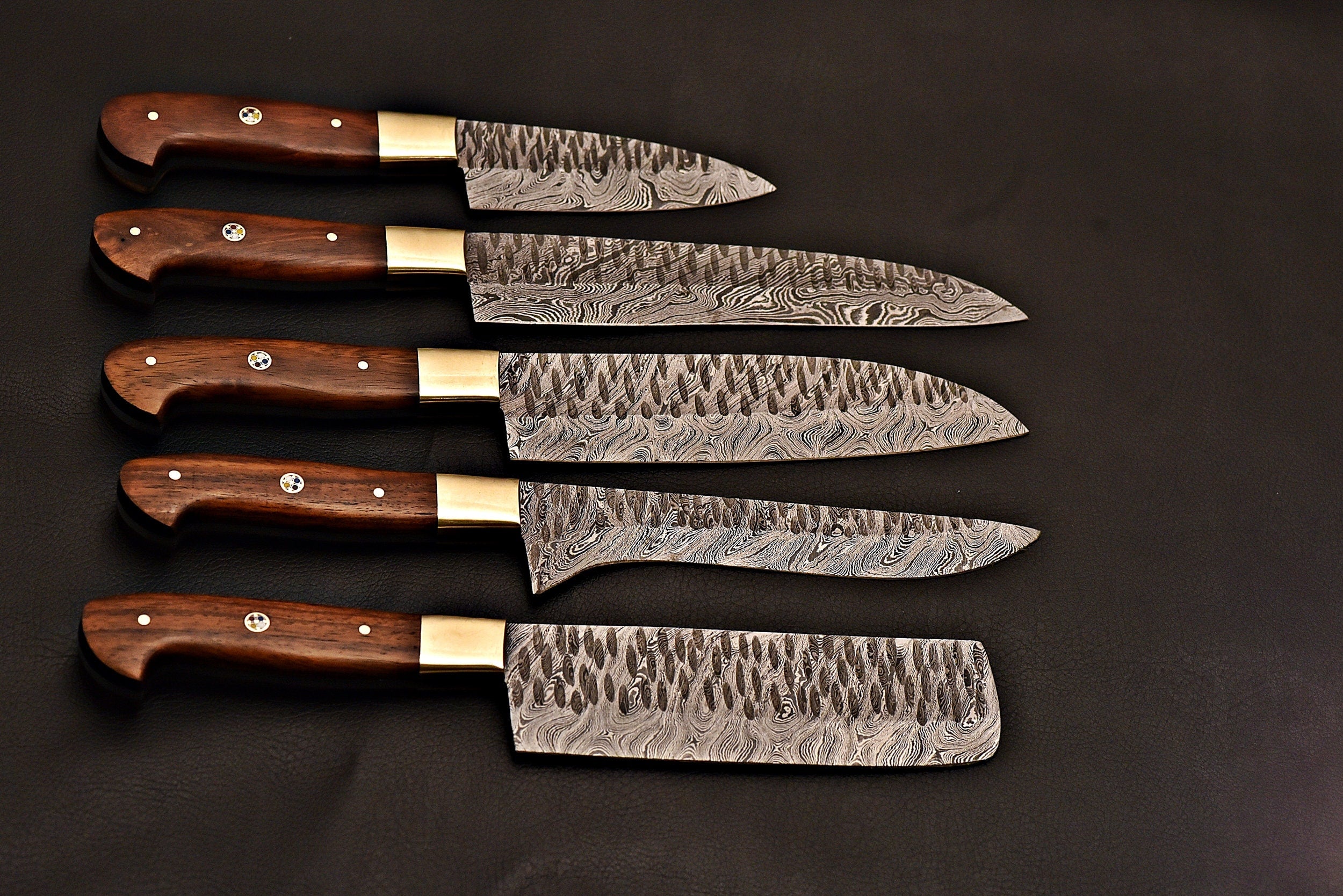 Handmade Damascus Steel Chef Knife Set 5 pcs WithTexas Handle/Kitchen Knife Leather Roller/Everyday Carry Gift/Kitchen And Dining Cutlery