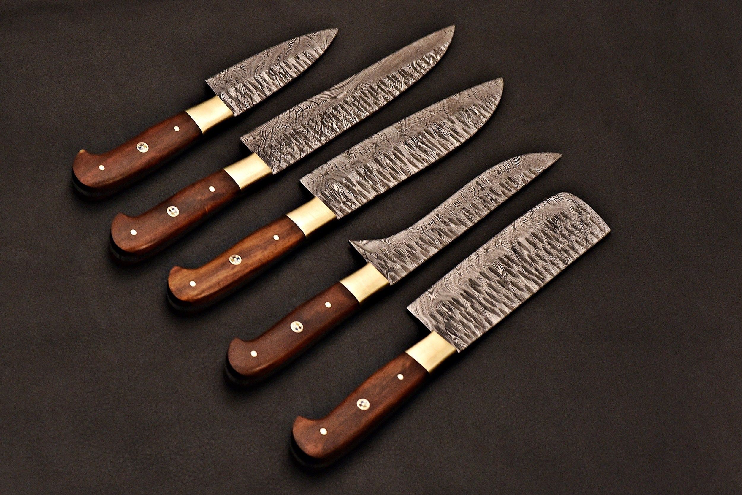 Handmade Damascus Steel Chef Knife Set 5 pcs WithTexas Handle/Kitchen Knife Leather Roller/Everyday Carry Gift/Kitchen And Dining Cutlery
