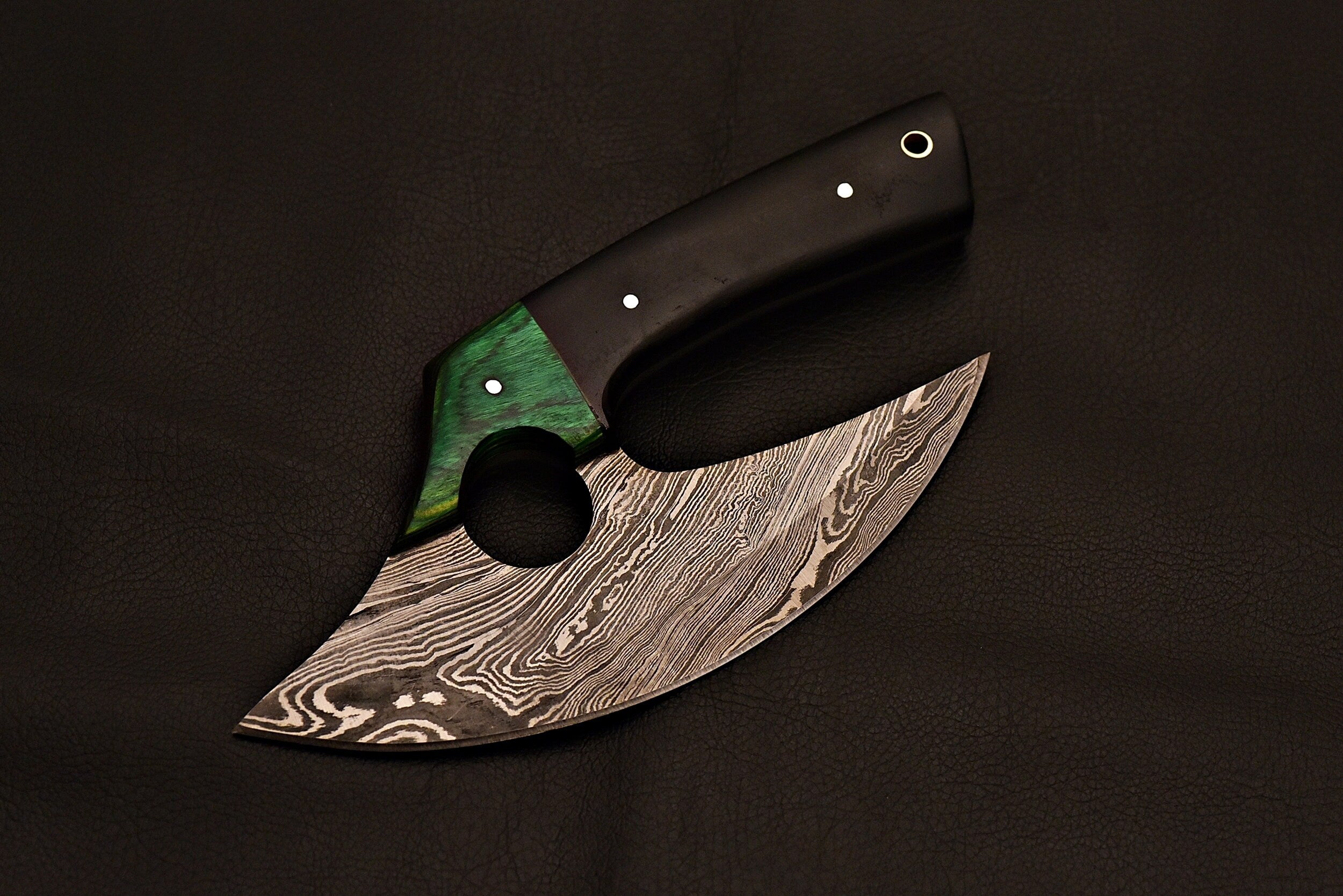 Handmade Damascus Steel Ulu  Knife With Green Wood & Black Micarat Handle