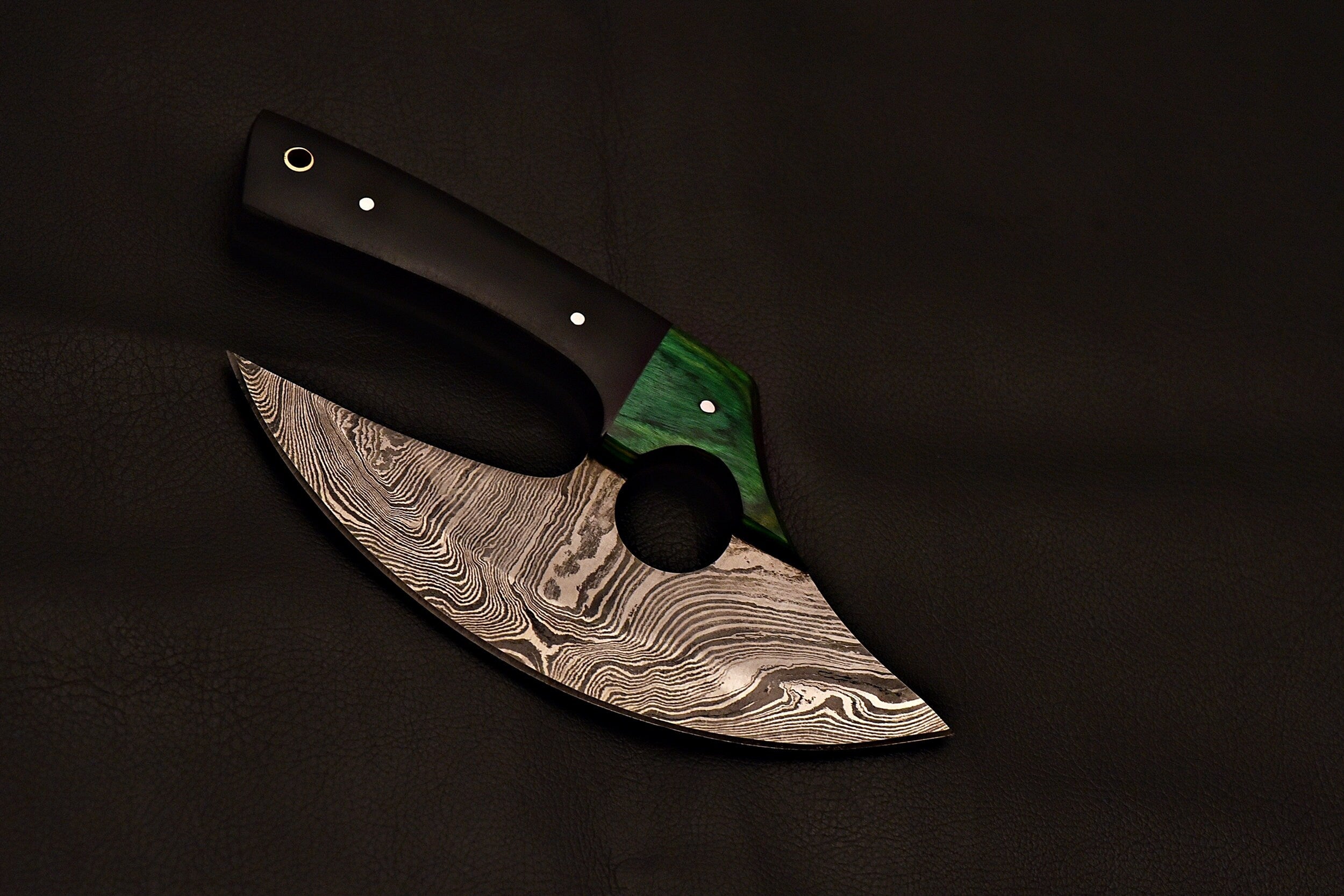 Handmade Damascus Steel Ulu  Knife With Green Wood & Black Micarat Handle