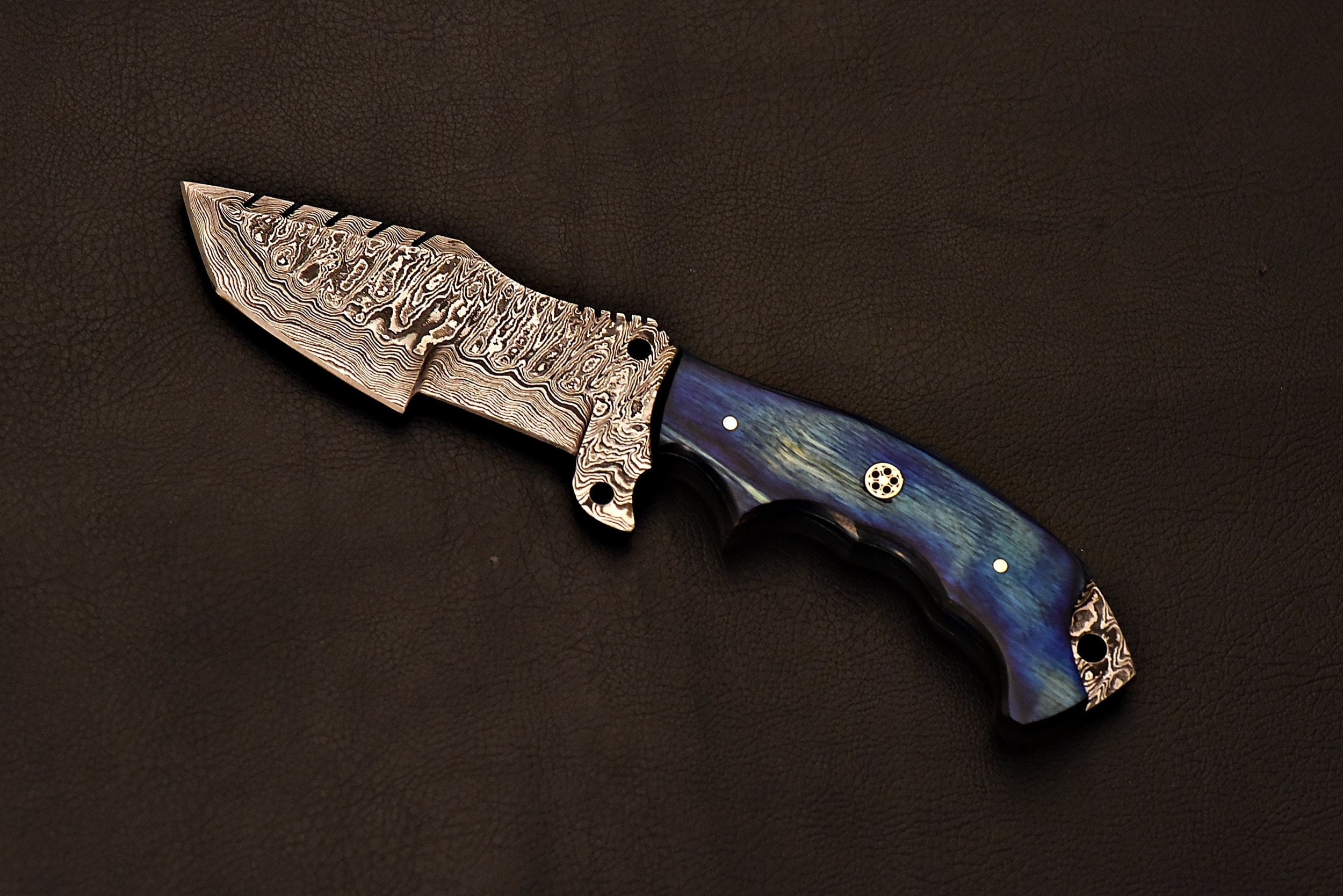 Handmade Damascus Steel Tracker Knife With Blue Wood Handle