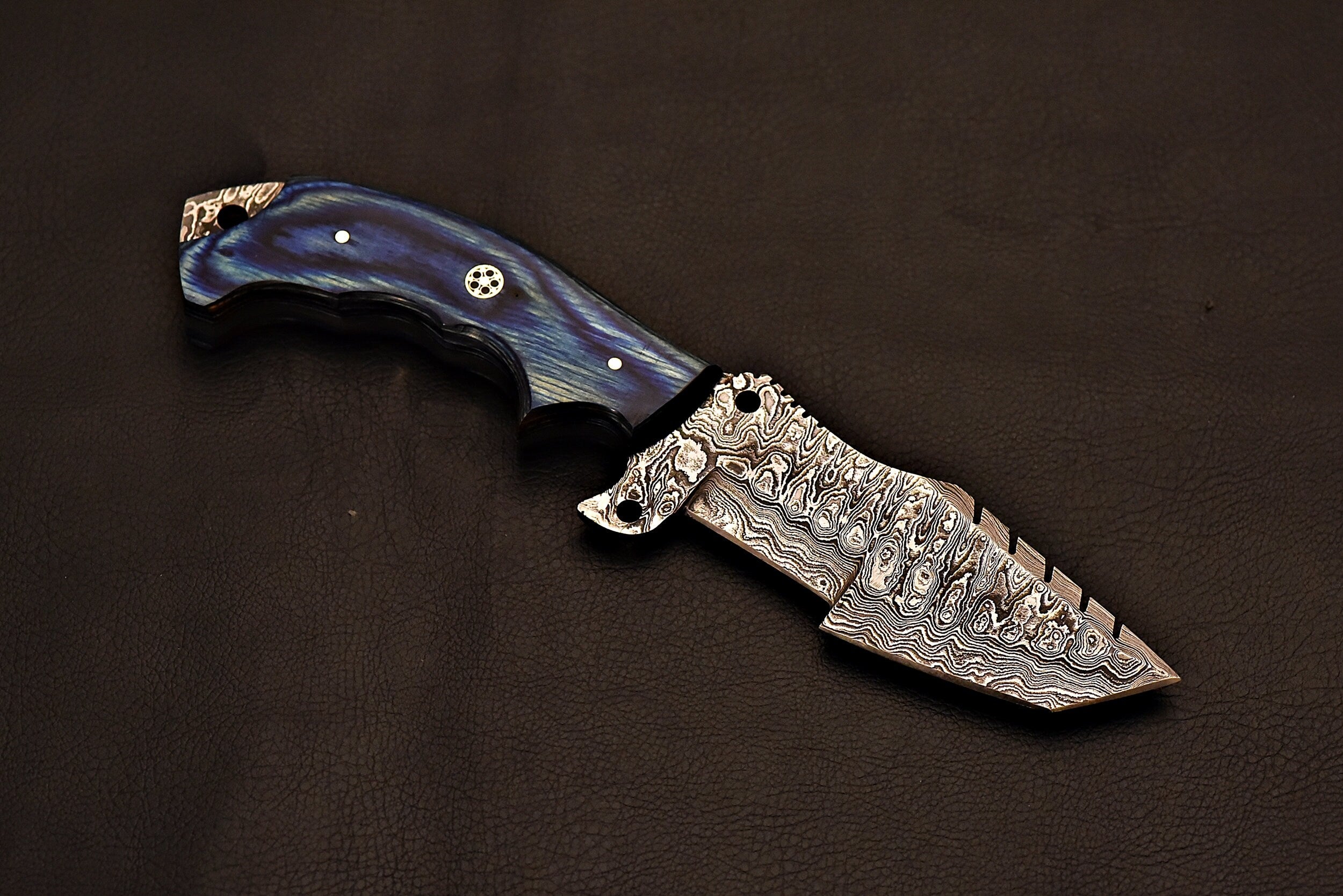 Handmade Damascus Steel Tracker Knife With Blue Wood Handle