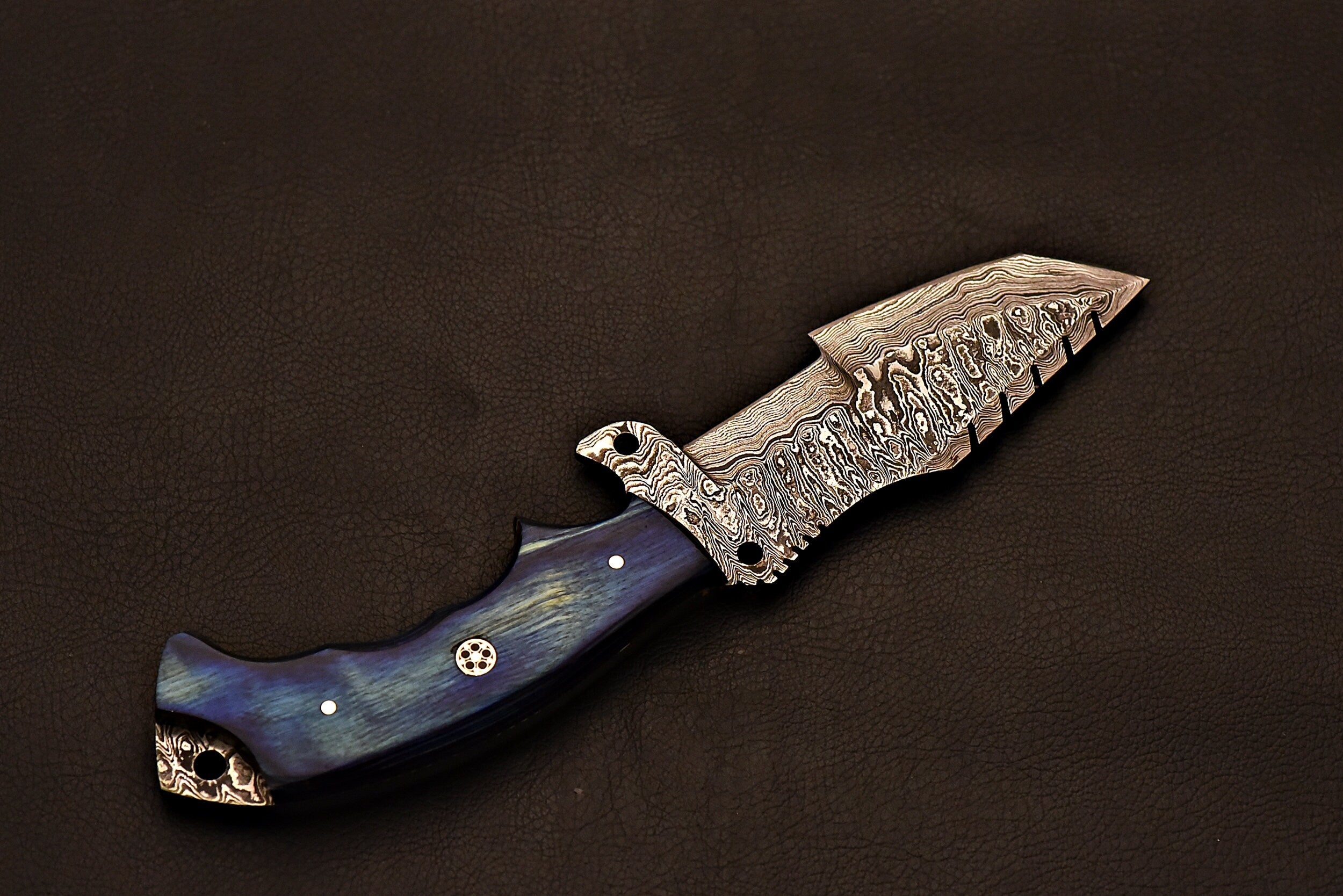 Handmade Damascus Steel Tracker Knife With Blue Wood Handle