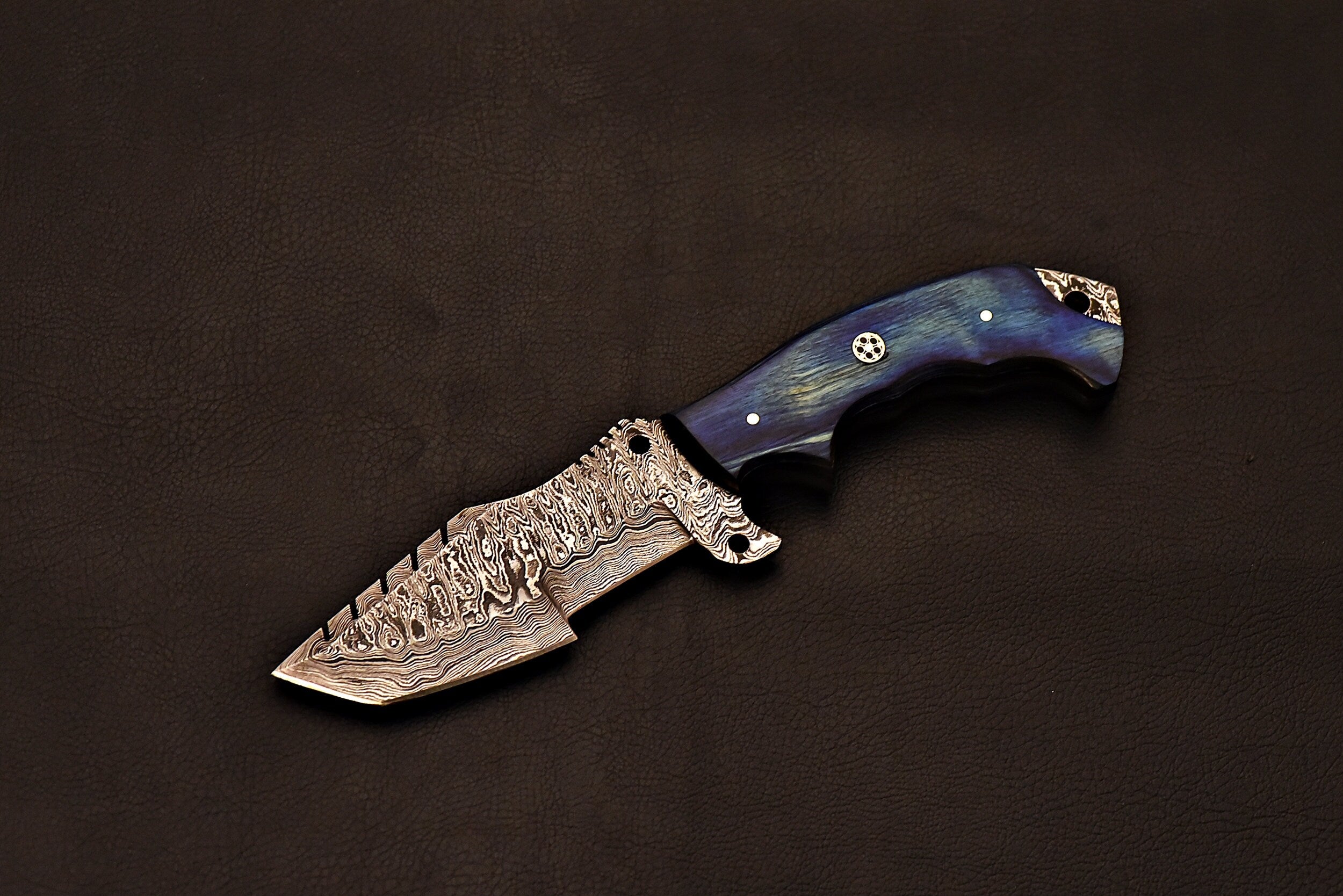 Handmade Damascus Steel Tracker Knife With Blue Wood Handle