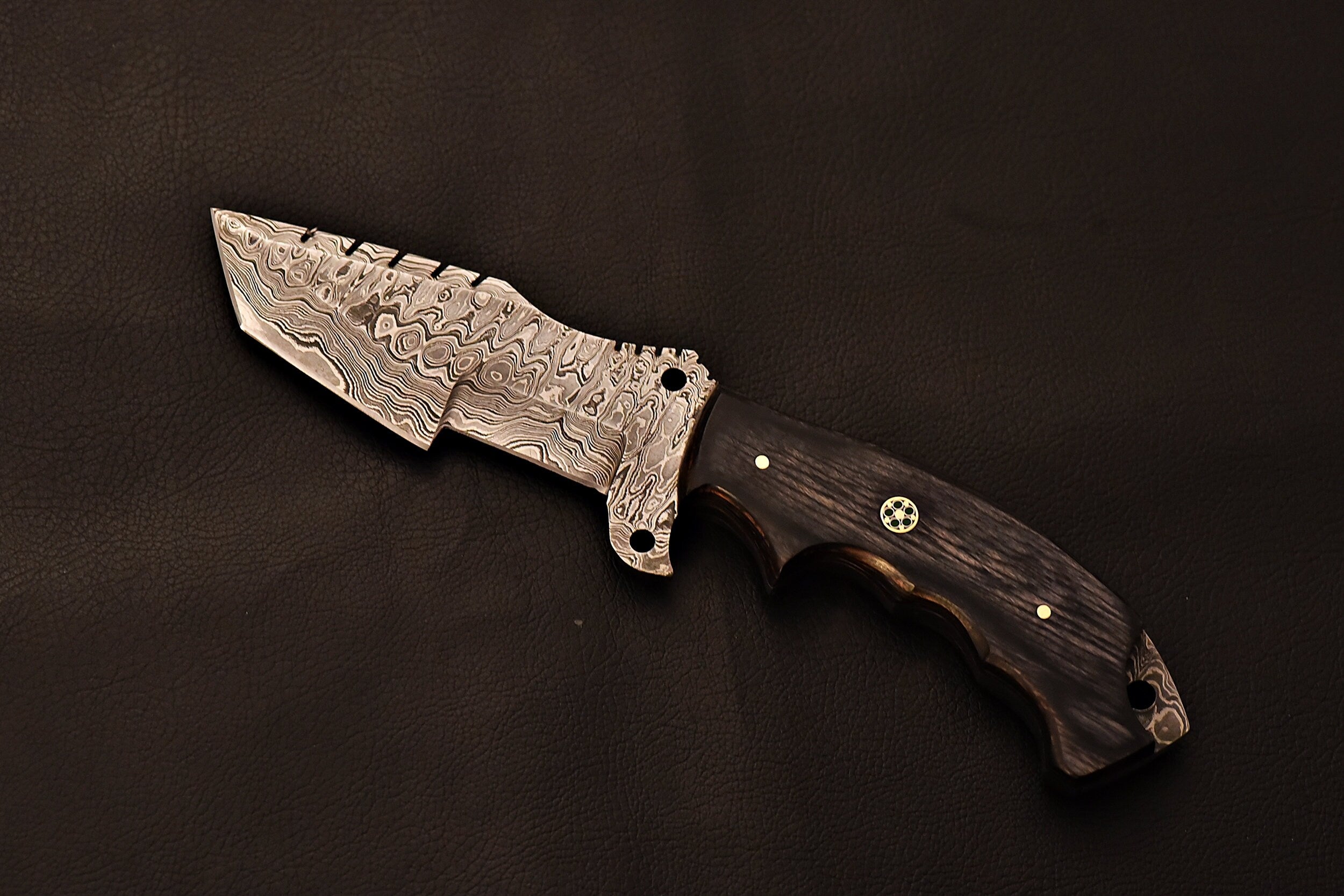 Handmade Damascus Steel Tracker Knife With Gray Wood Handle