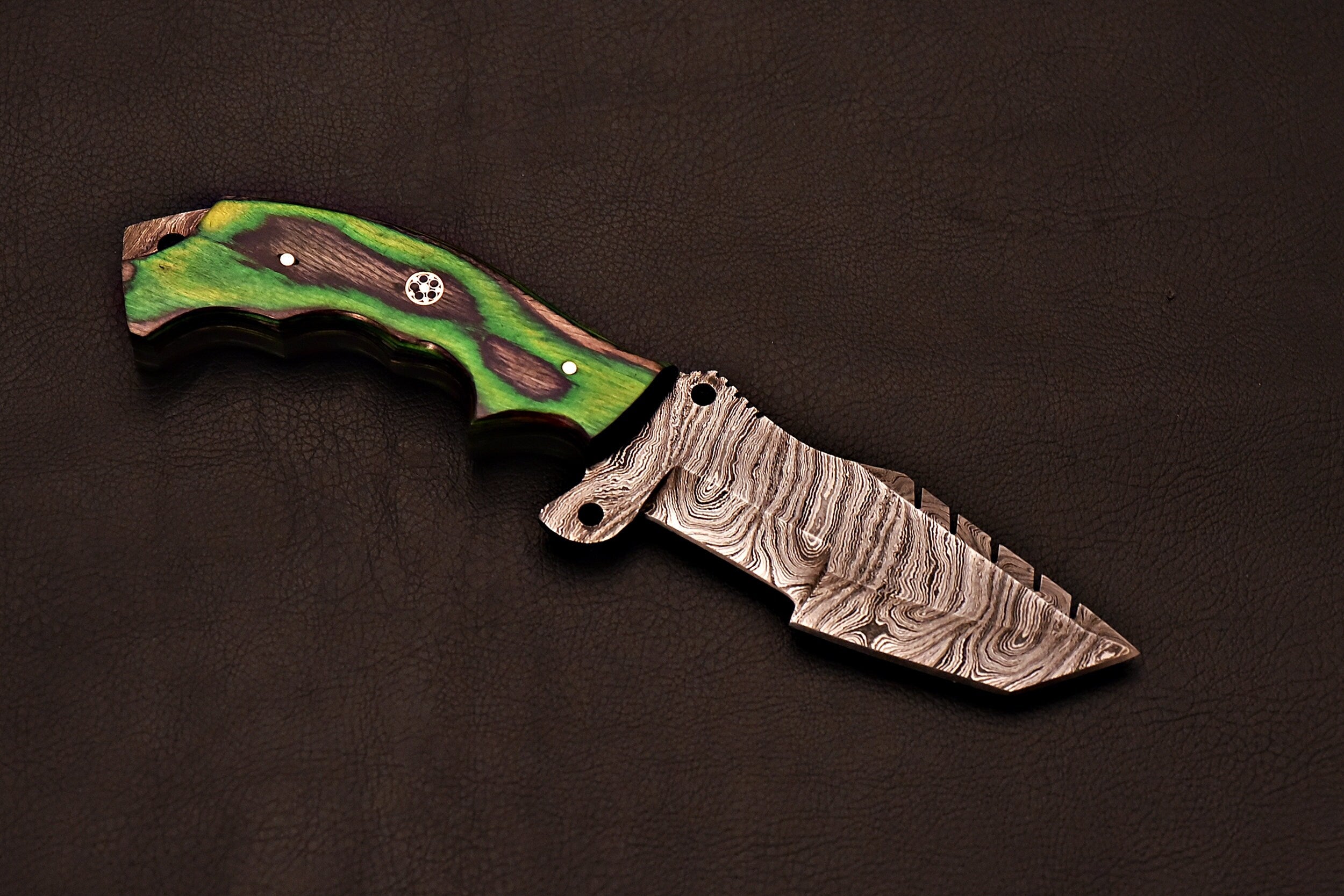 Handmade Damascus Steel Tracker Knife With Green Wood Handle