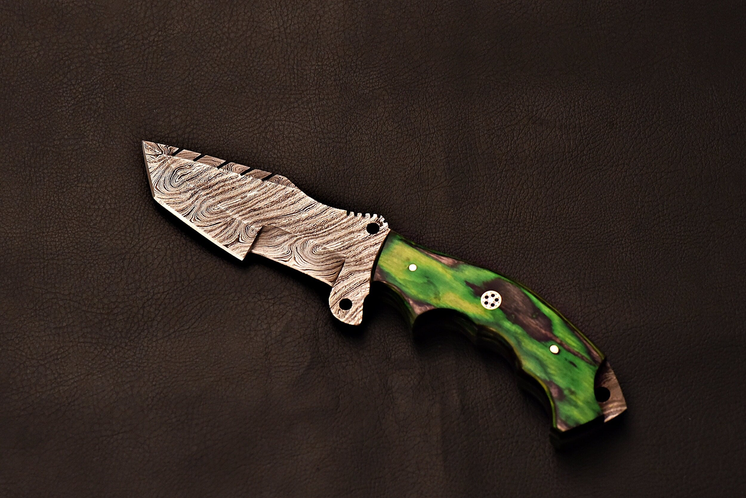 Handmade Damascus Steel Tracker Knife With Green Wood Handle