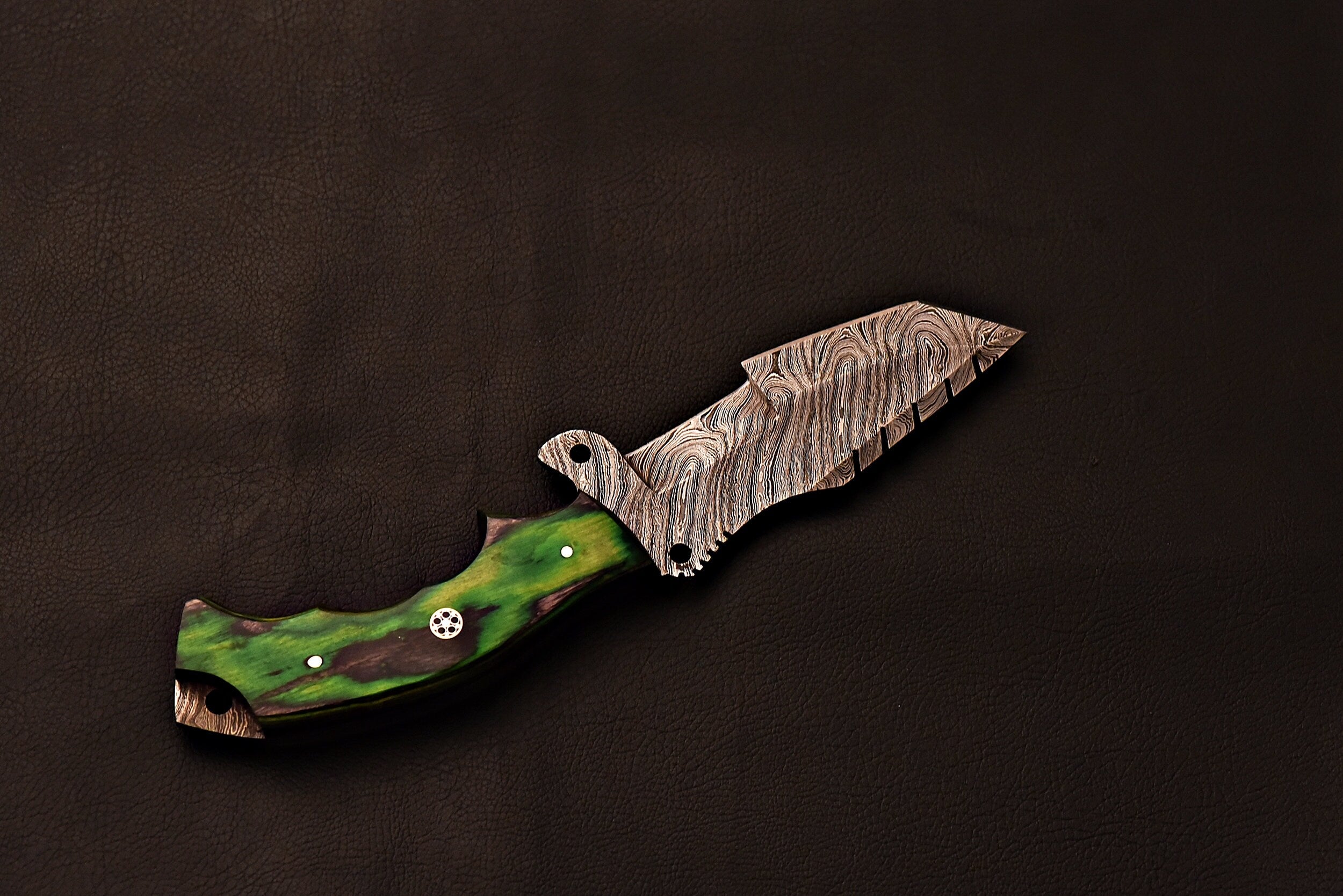 Handmade Damascus Steel Tracker Knife With Green Wood Handle