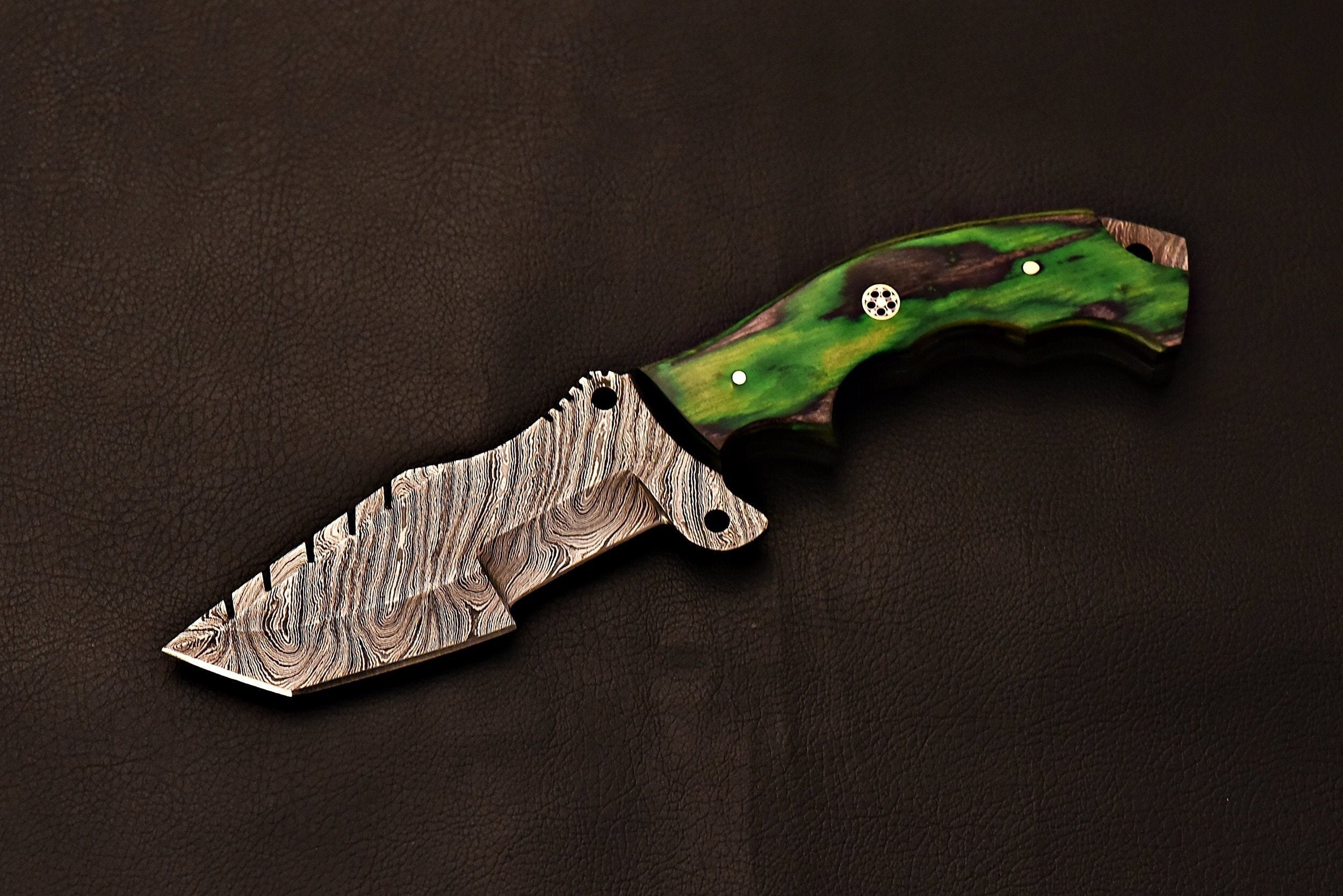 Handmade Damascus Steel Tracker Knife With Green Wood Handle
