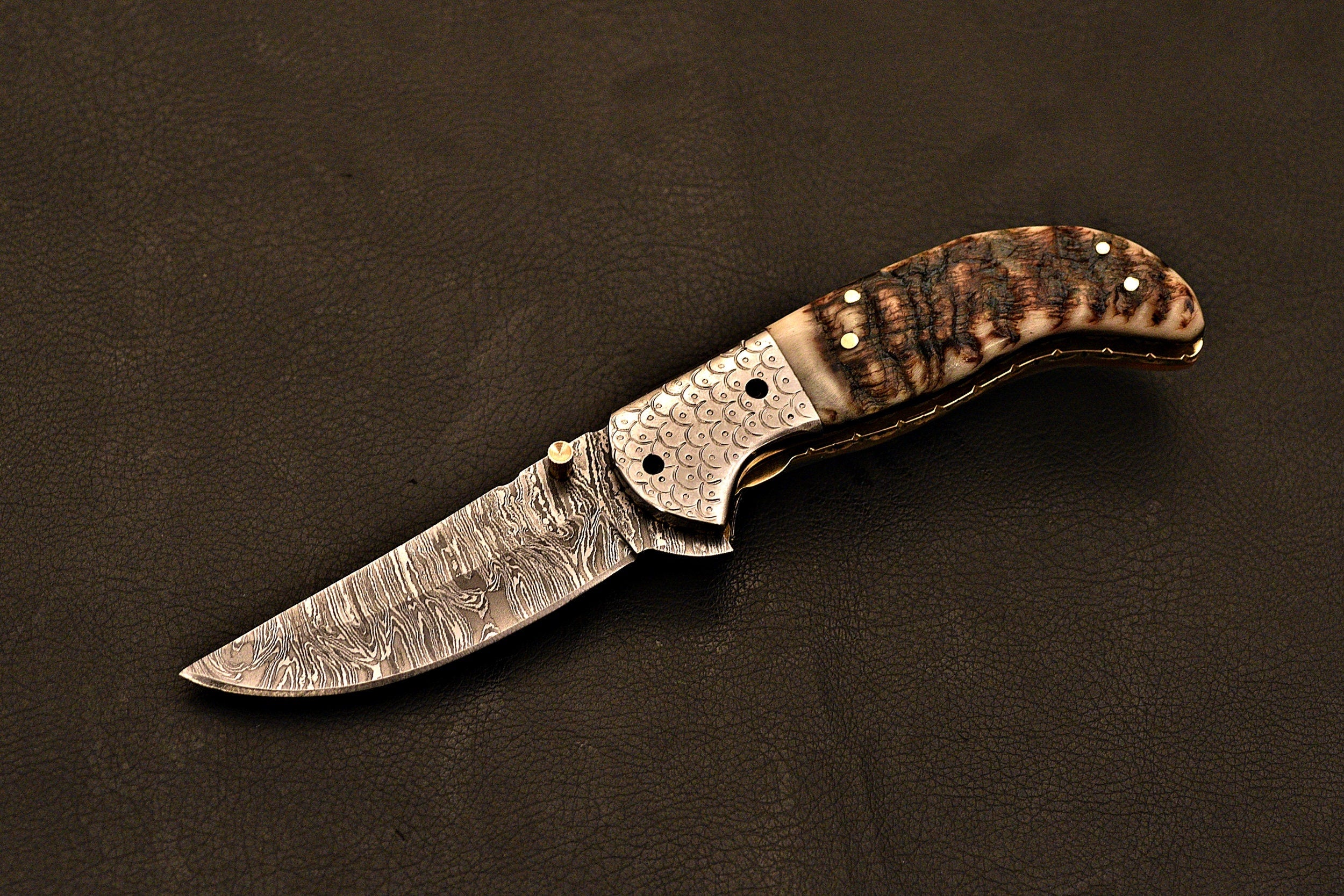 Handmade Damascus Steel Folding knife With Leather Sheath