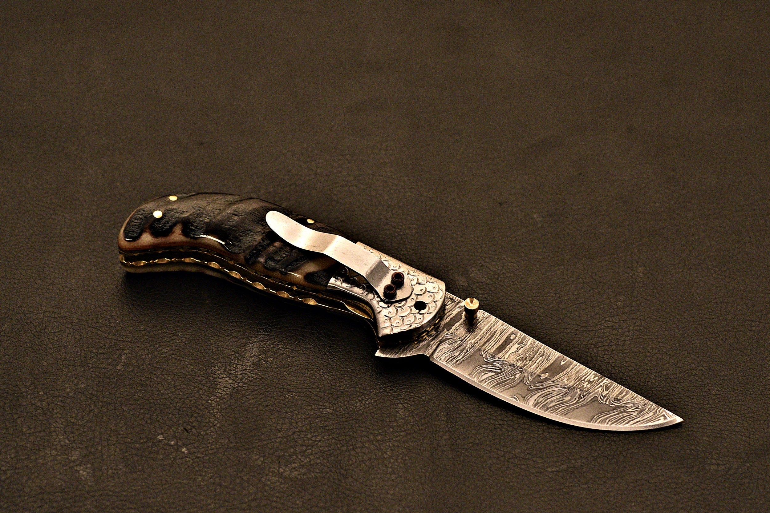 Handmade Damascus Steel Folding knife With Leather Sheath